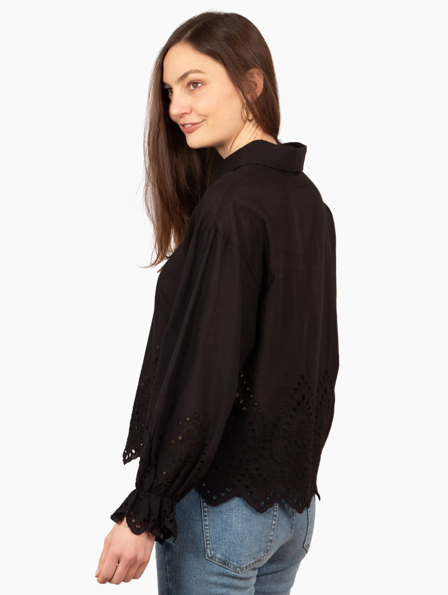 Hattie Long Sleeve Shirt - Black, Broderie Anglaise
