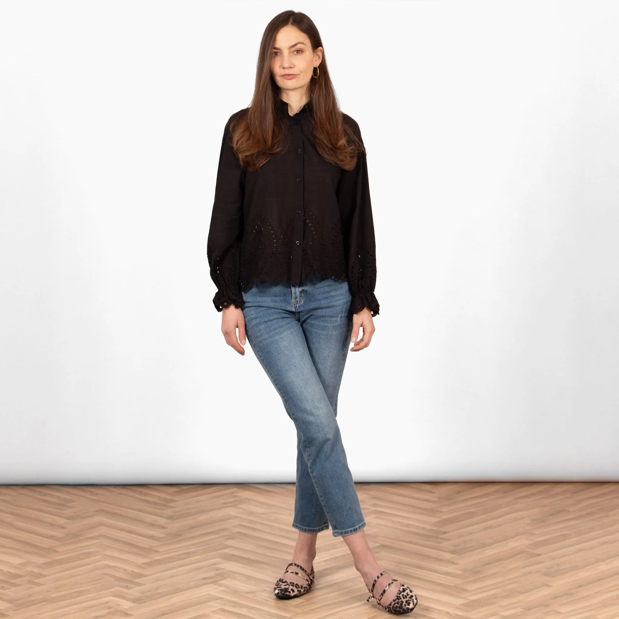 Hattie Long Sleeve Shirt - Black, Broderie Anglaise