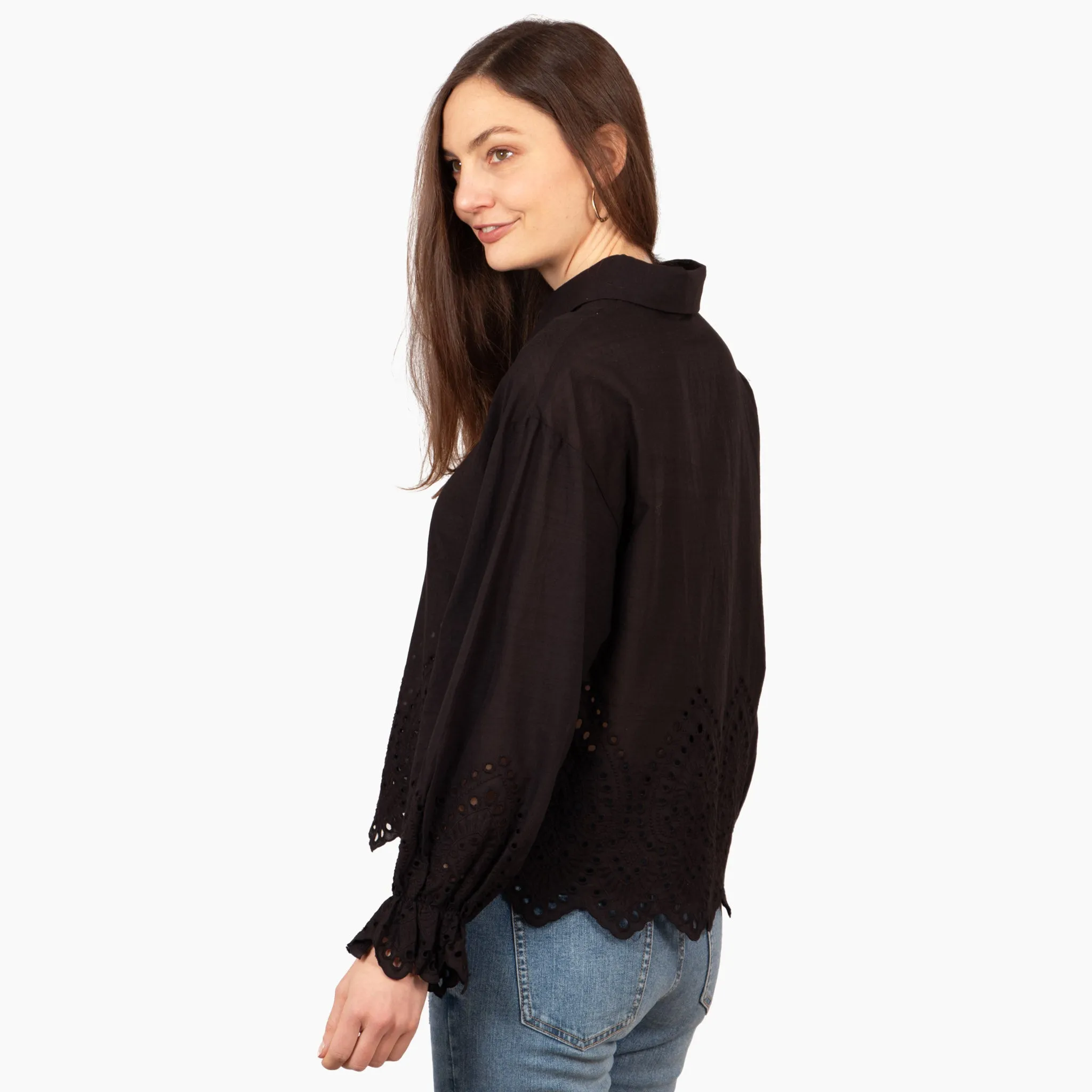 Hattie Long Sleeve Shirt - Black, Broderie Anglaise