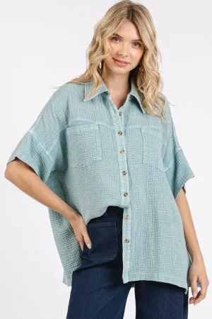 Hazel Blues® |  Mittoshop Mineral Wash Gauze Oversized Short Sleeve Shirt