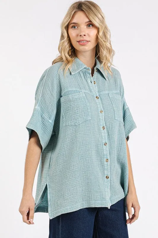 Hazel Blues® |  Mittoshop Mineral Wash Gauze Oversized Short Sleeve Shirt