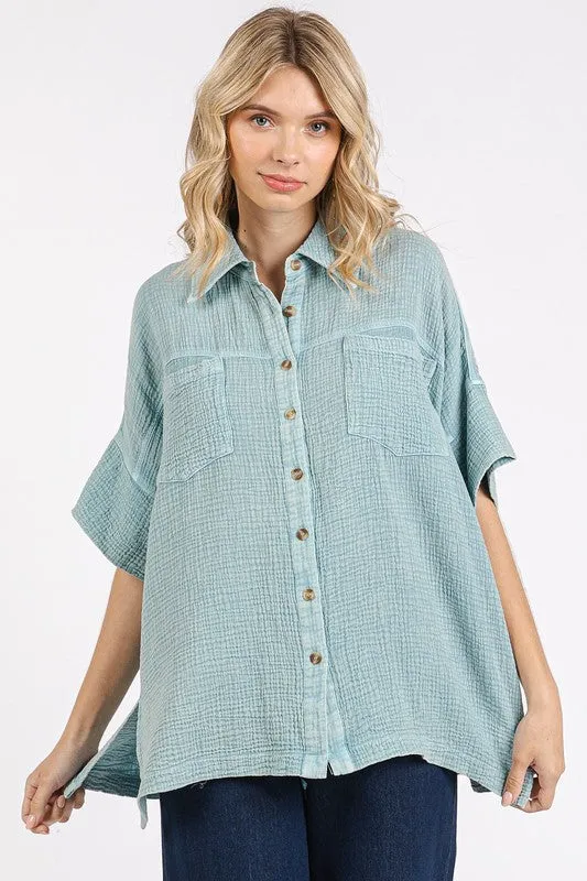 Hazel Blues® |  Mittoshop Mineral Wash Gauze Oversized Short Sleeve Shirt