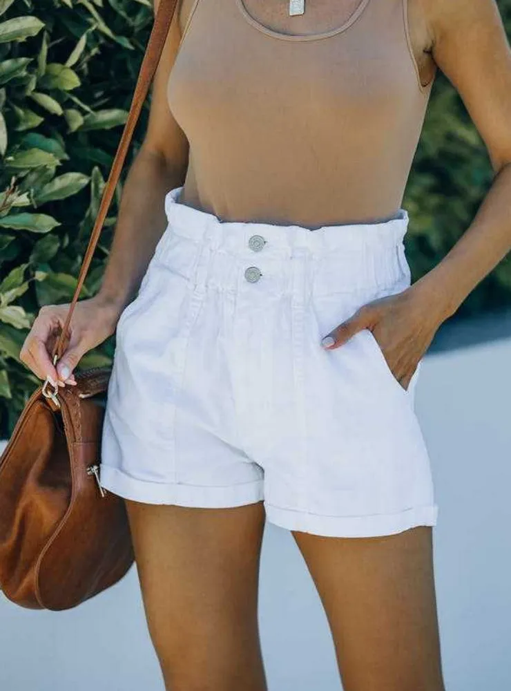 High Waist Elastic Hemmed Denim Shorts