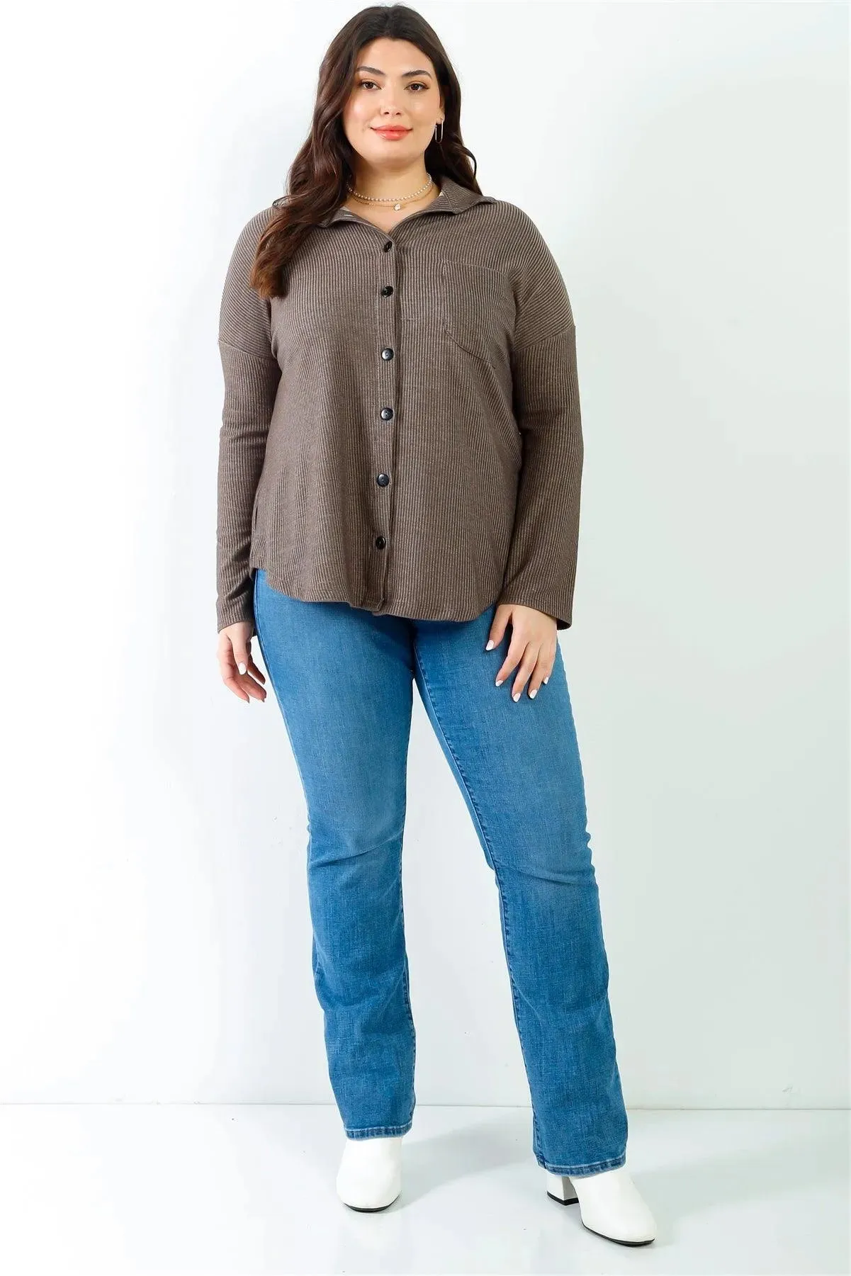 Junior Plus Mocha Ribbed Collared Button Up Shirt Top /2-2-2
