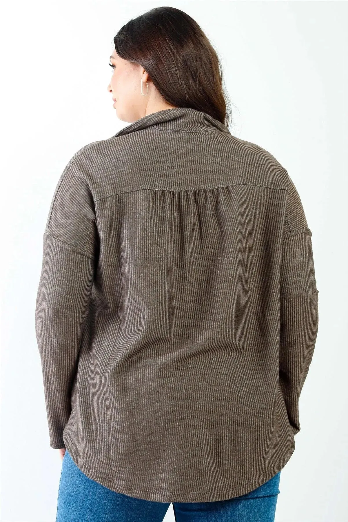 Junior Plus Mocha Ribbed Collared Button Up Shirt Top /2-2-2