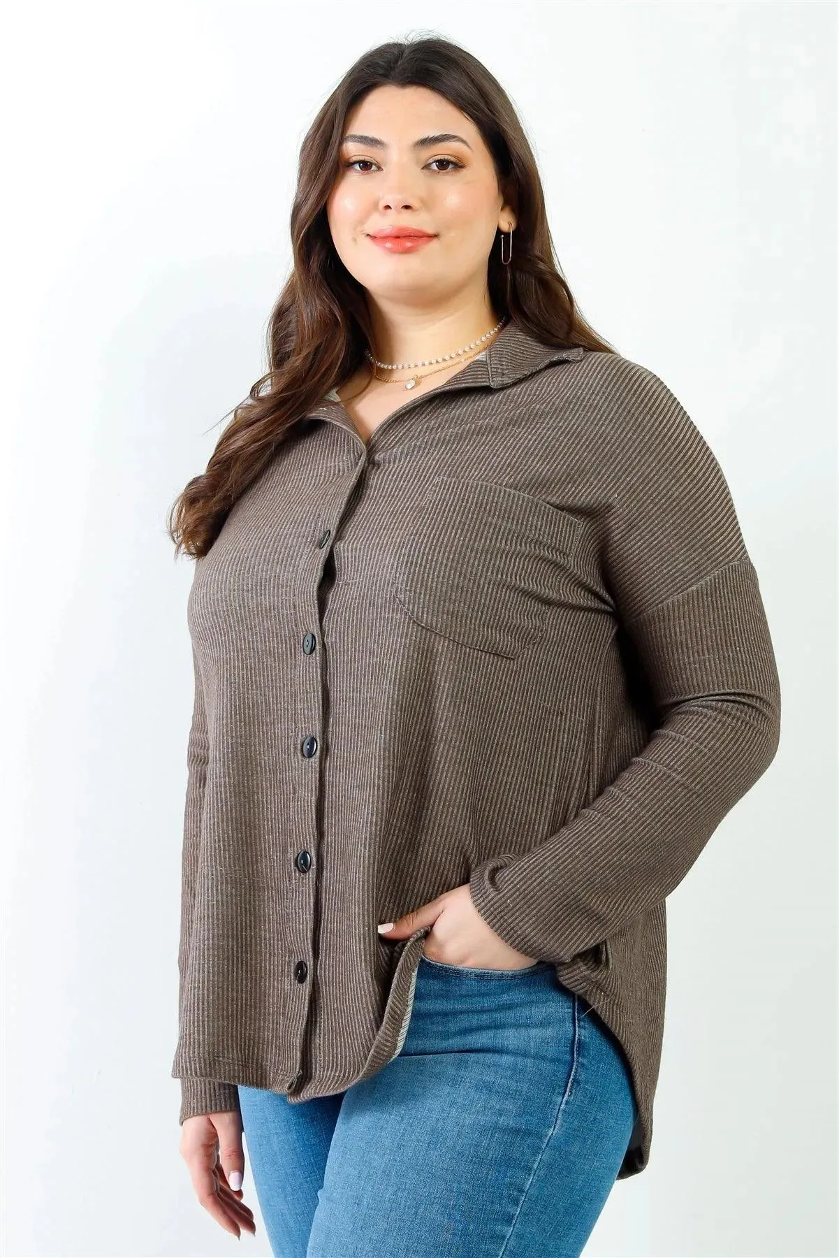 Junior Plus Mocha Ribbed Collared Button Up Shirt Top /2-2-2