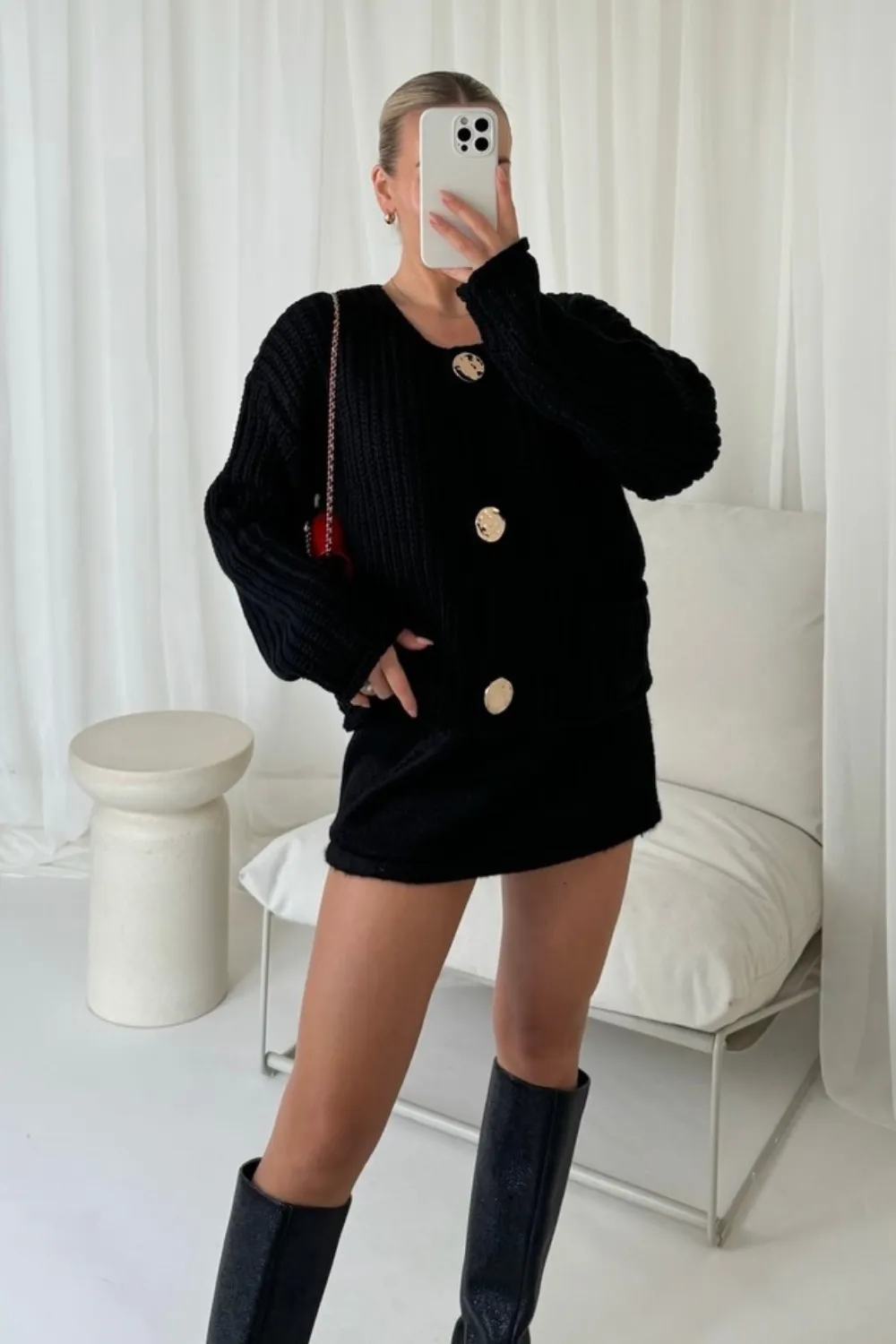 Kelly black gold button knit cardigan
