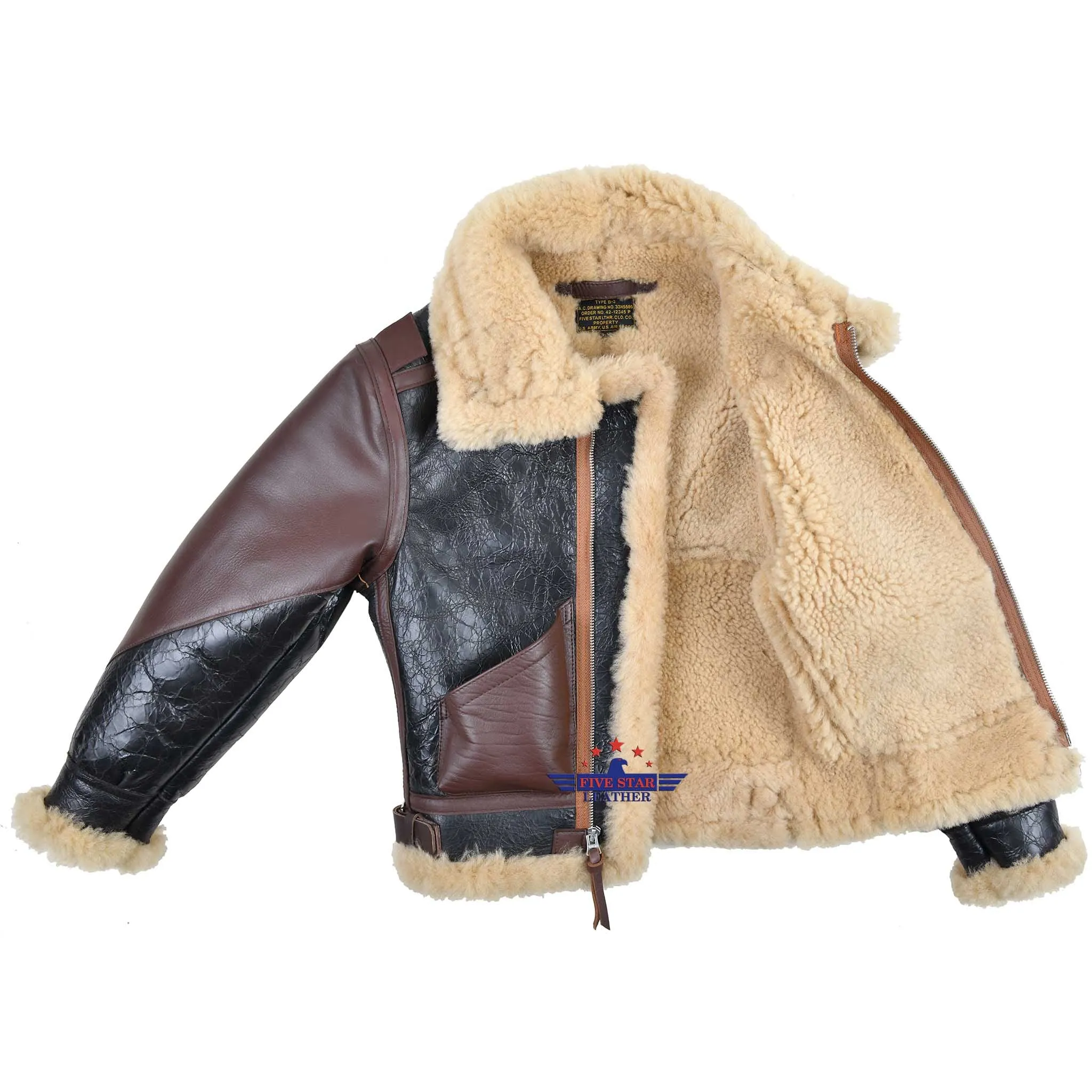 Kids Type B3 Sheepskin Leather Bomber Flight Jacket Seal Brown