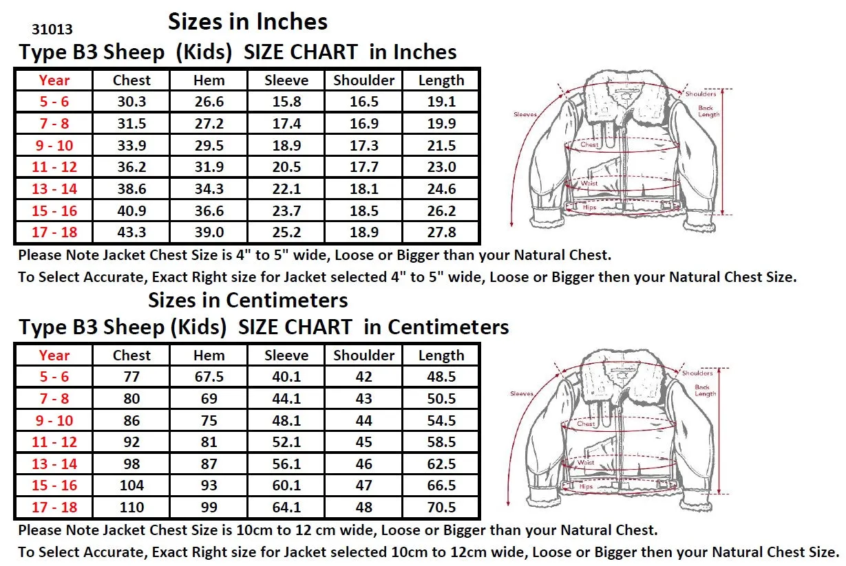 Kids Type B3 Sheepskin Leather Bomber Flight Jacket Seal Brown