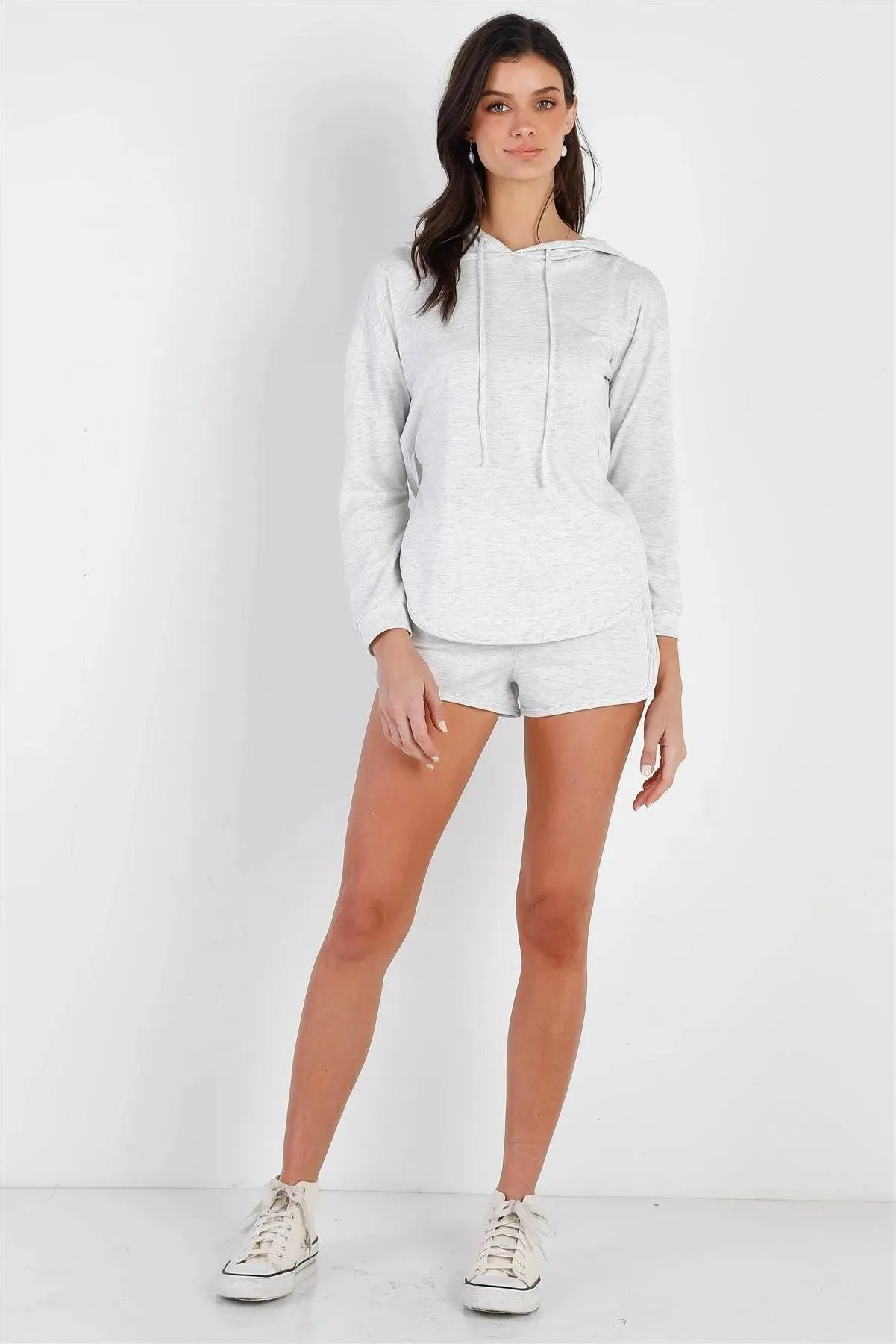 Light Grey Racer Back Detail Long Sleeve Hooded Top & Short Set /2-2-2