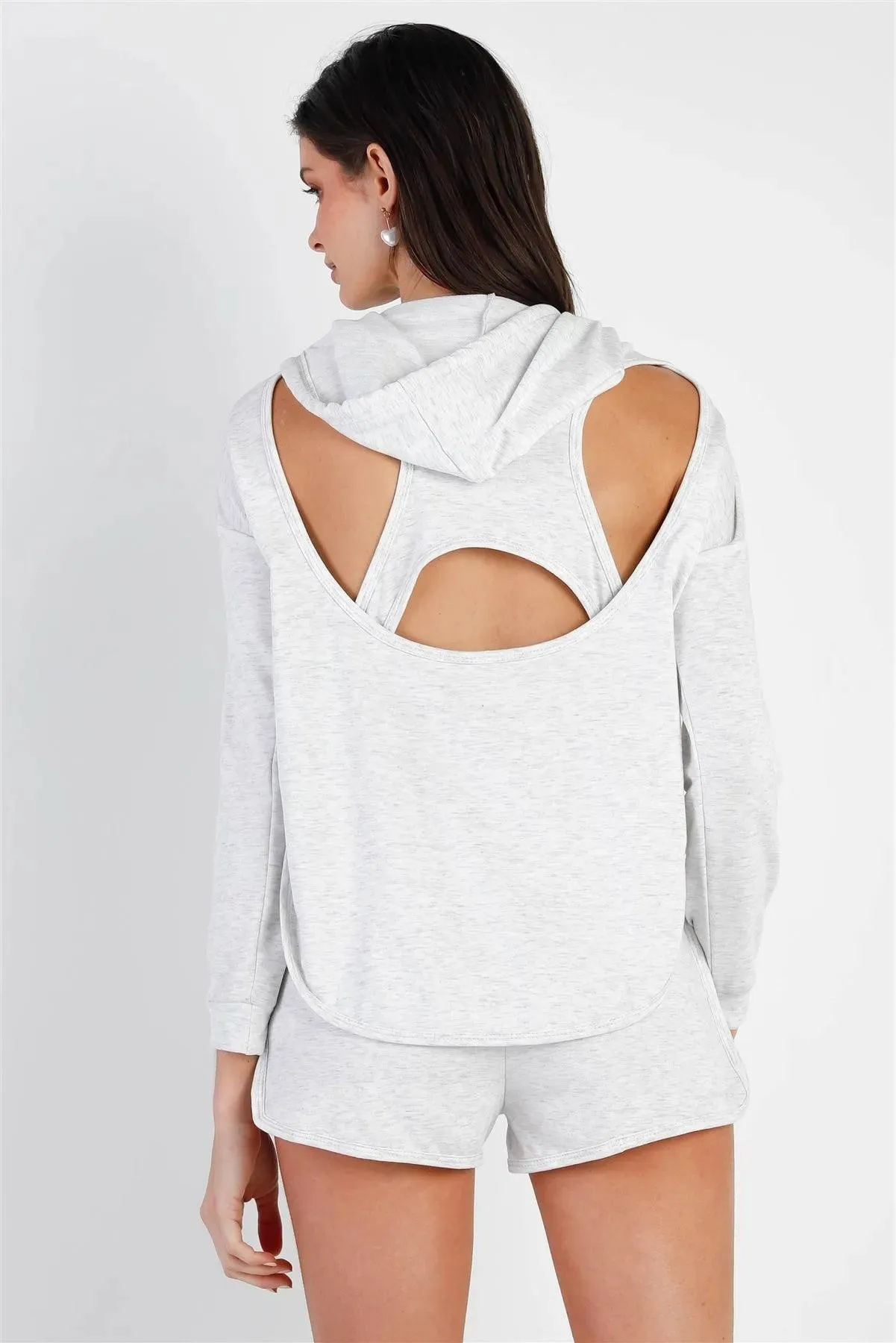 Light Grey Racer Back Detail Long Sleeve Hooded Top & Short Set /2-2-2