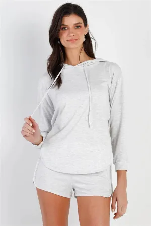 Light Grey Racer Back Detail Long Sleeve Hooded Top & Short Set /2-2-2