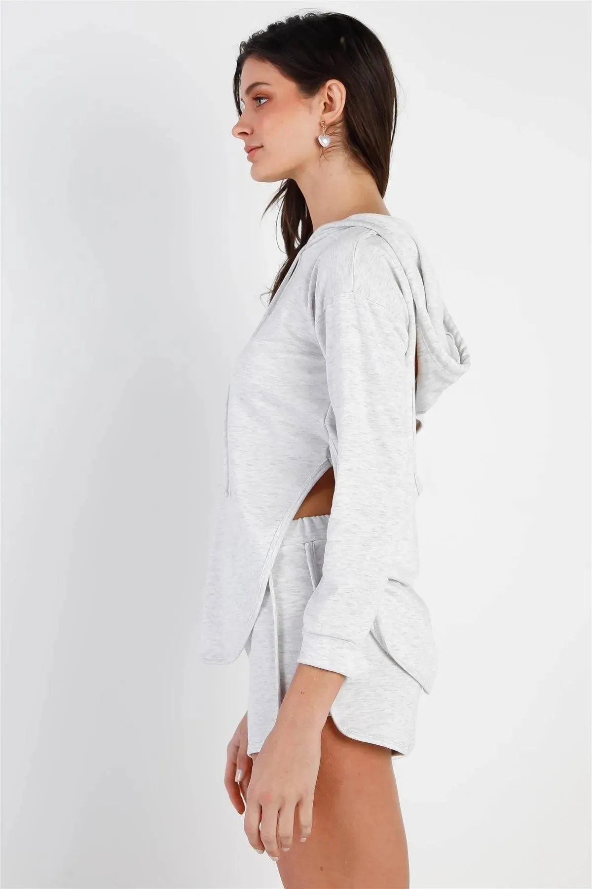 Light Grey Racer Back Detail Long Sleeve Hooded Top & Short Set /2-2-2