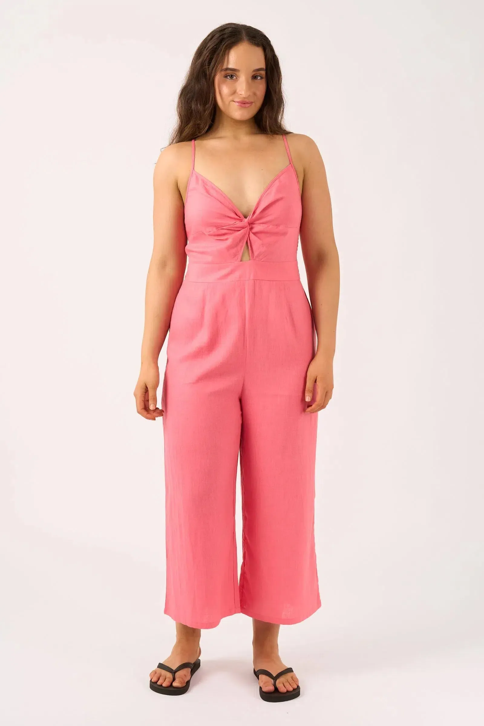 Linen Blend Twist Front Jumpsuit - Bubblegum Pink