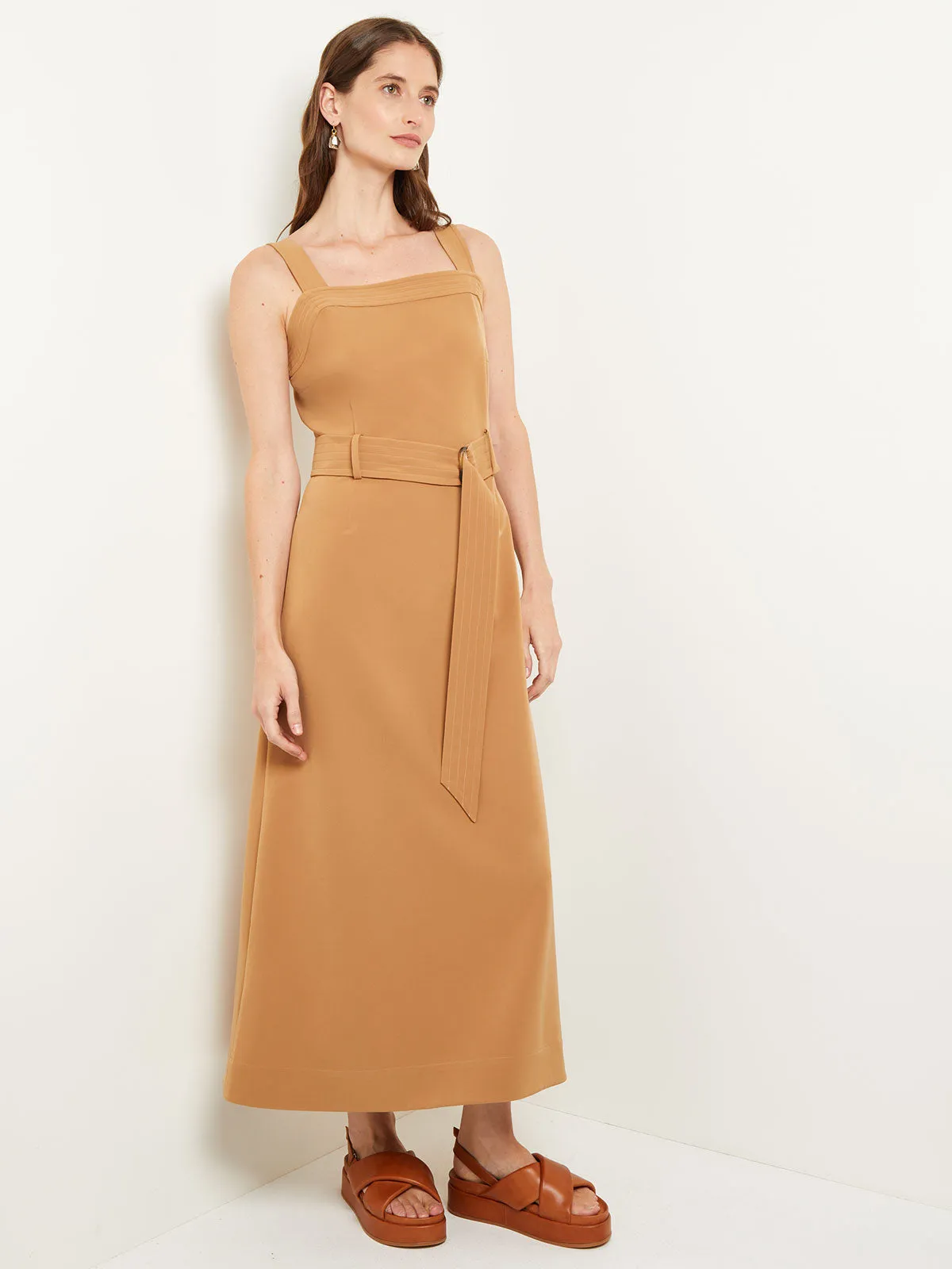 Maxi A-Line Dress - Belted Square Neck Stretch Woven
