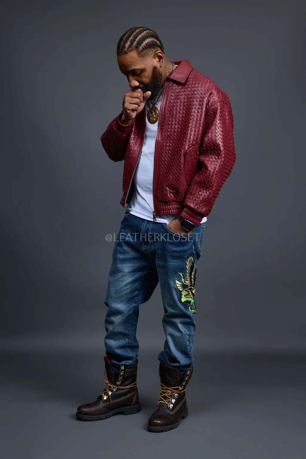 Men's Faris Braided Leather Bomber Jacket [Burgundy]