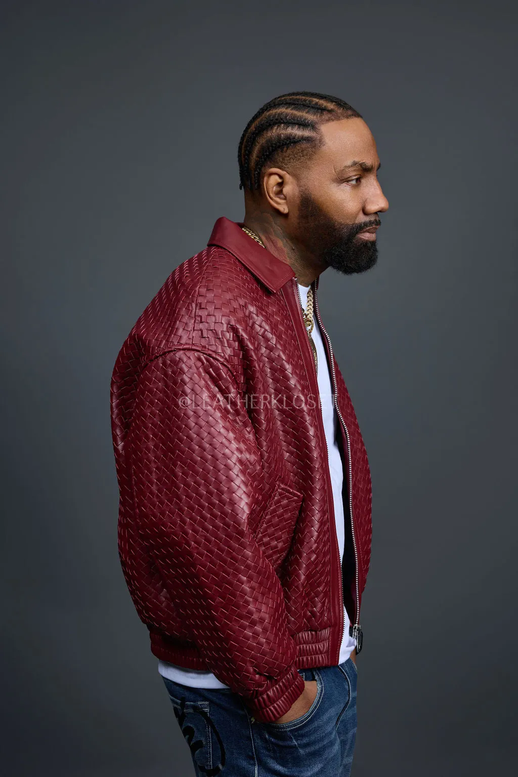 Men's Faris Braided Leather Bomber Jacket [Burgundy]