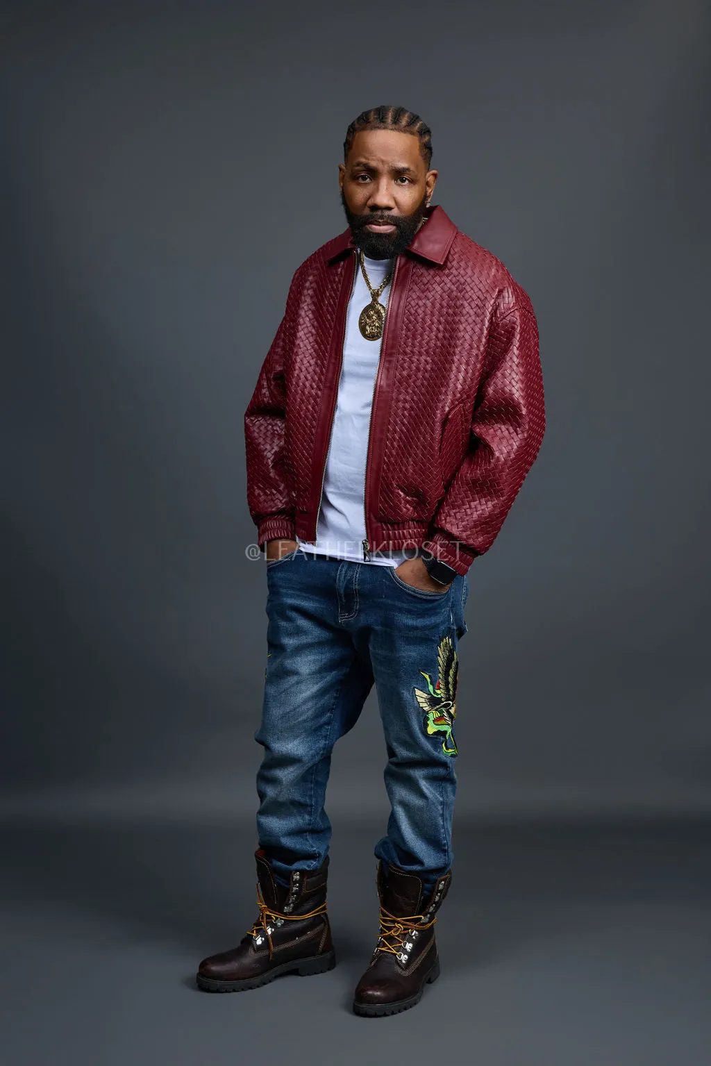 Men's Faris Braided Leather Bomber Jacket [Burgundy]