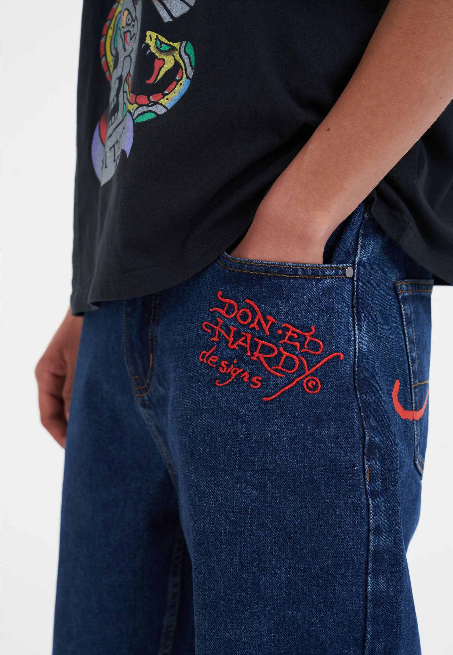 Mens Nyc Skull Denim Jorts Shorts - Indigo