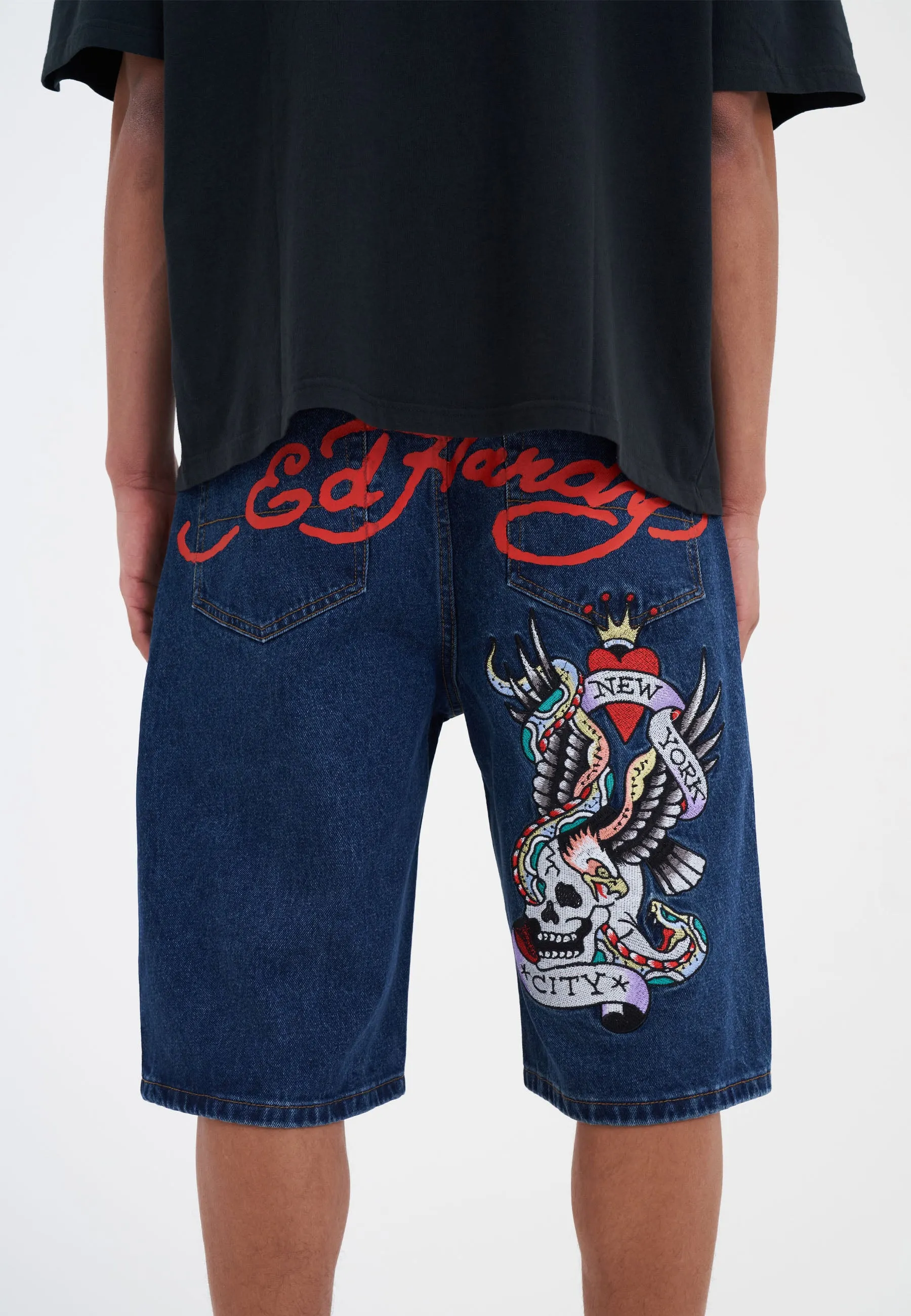 Mens Nyc Skull Denim Jorts Shorts - Indigo