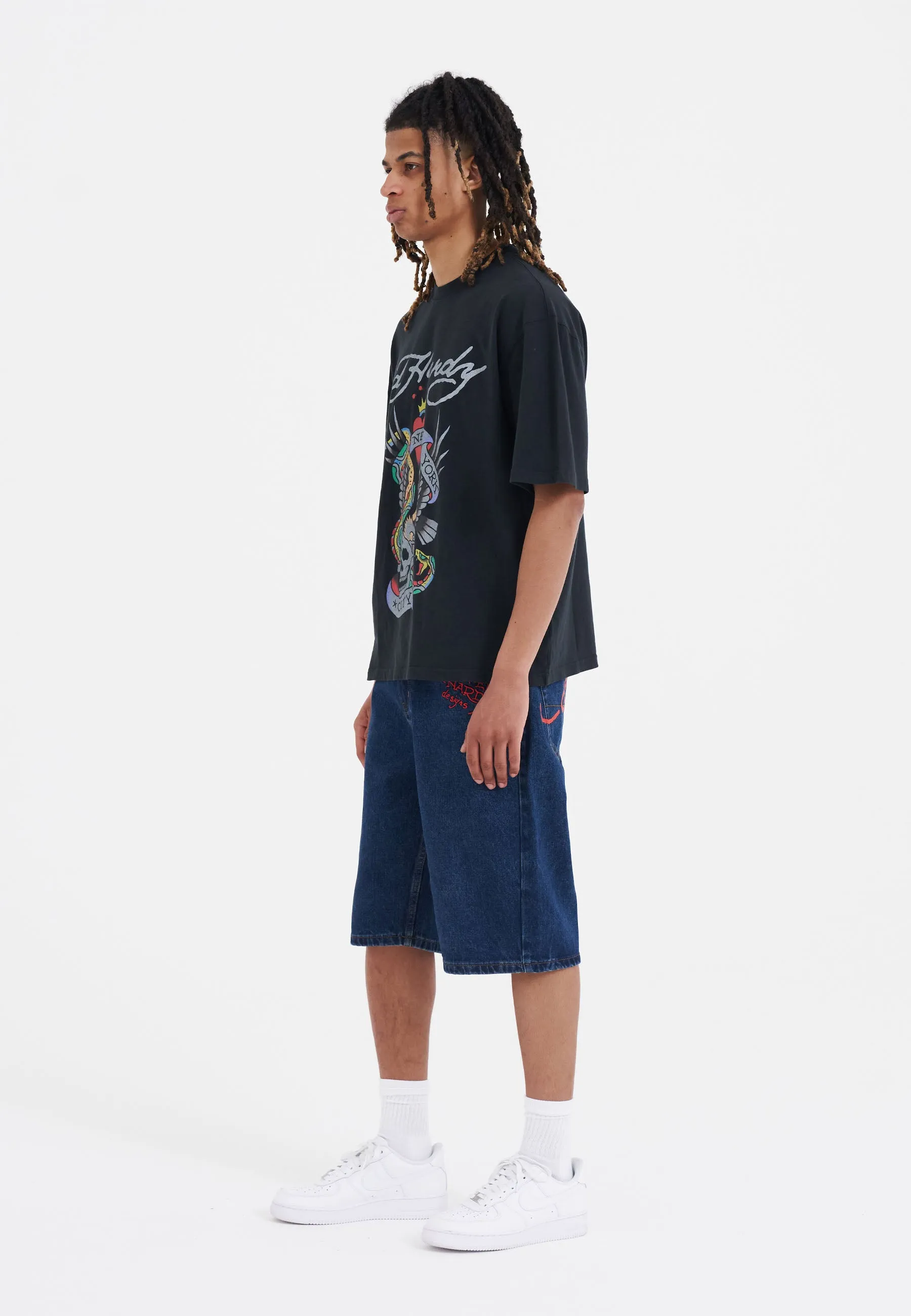 Mens Nyc Skull Denim Jorts Shorts - Indigo