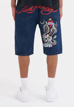 Mens Nyc Skull Denim Jorts Shorts - Indigo