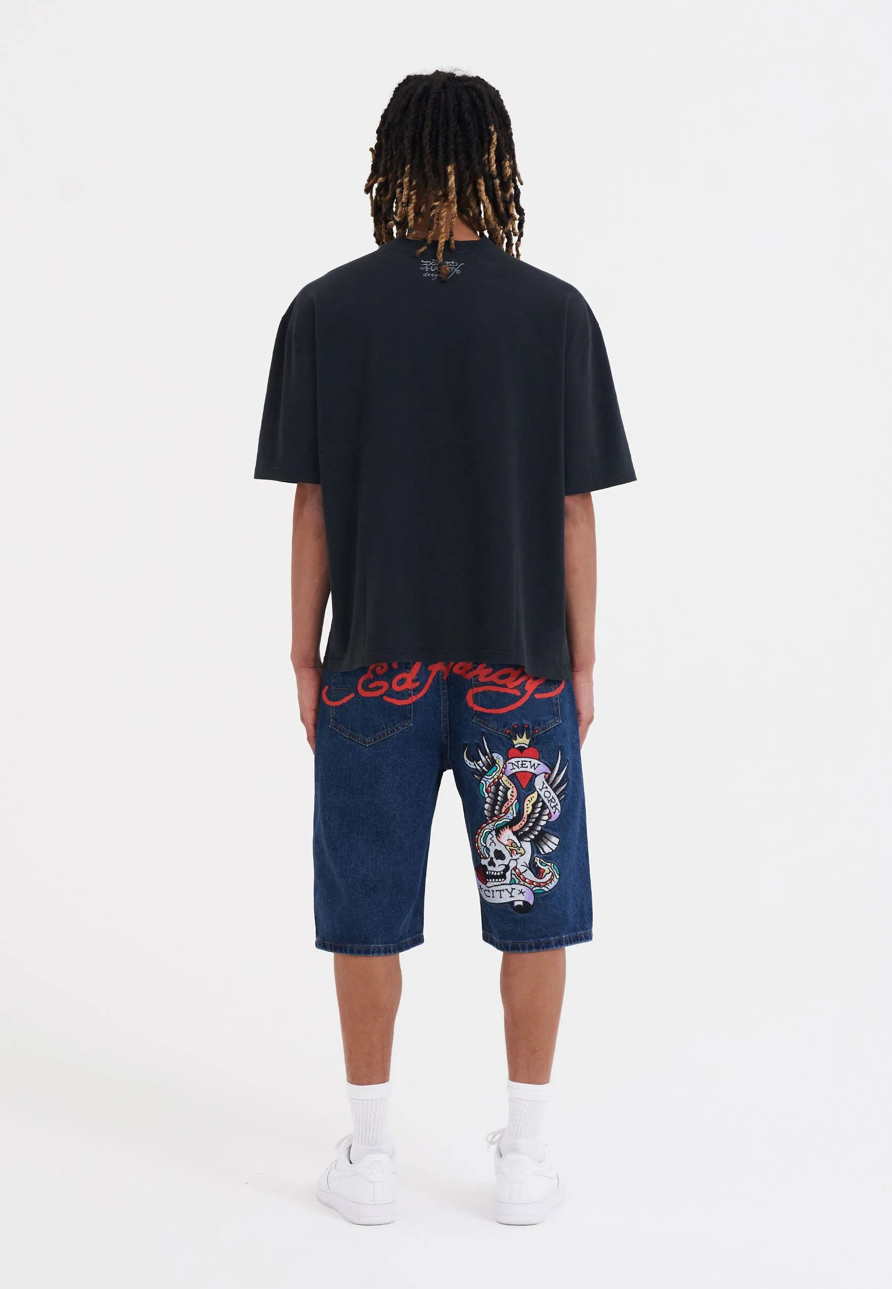 Mens Nyc Skull Denim Jorts Shorts - Indigo