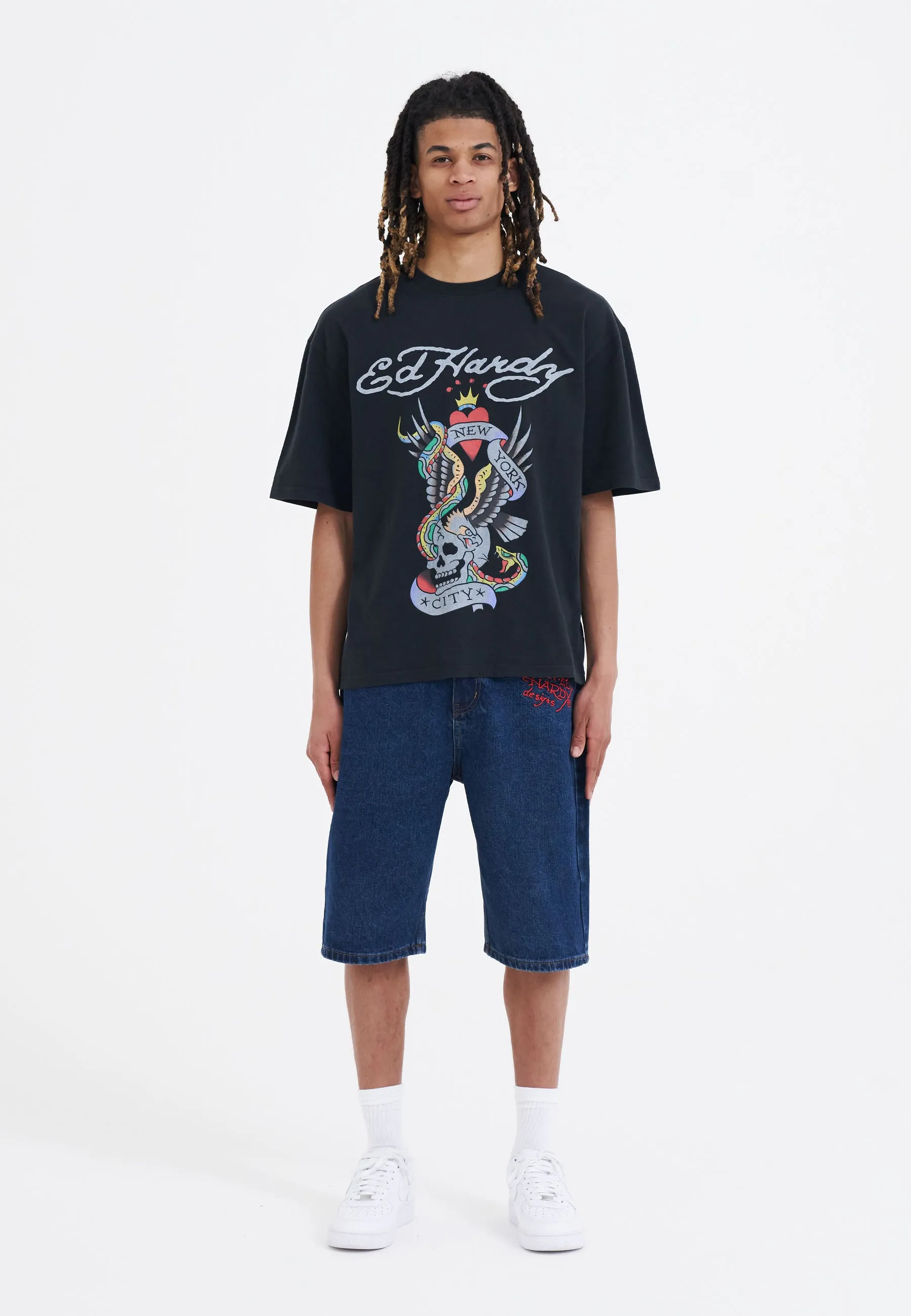 Mens Nyc Skull Denim Jorts Shorts - Indigo