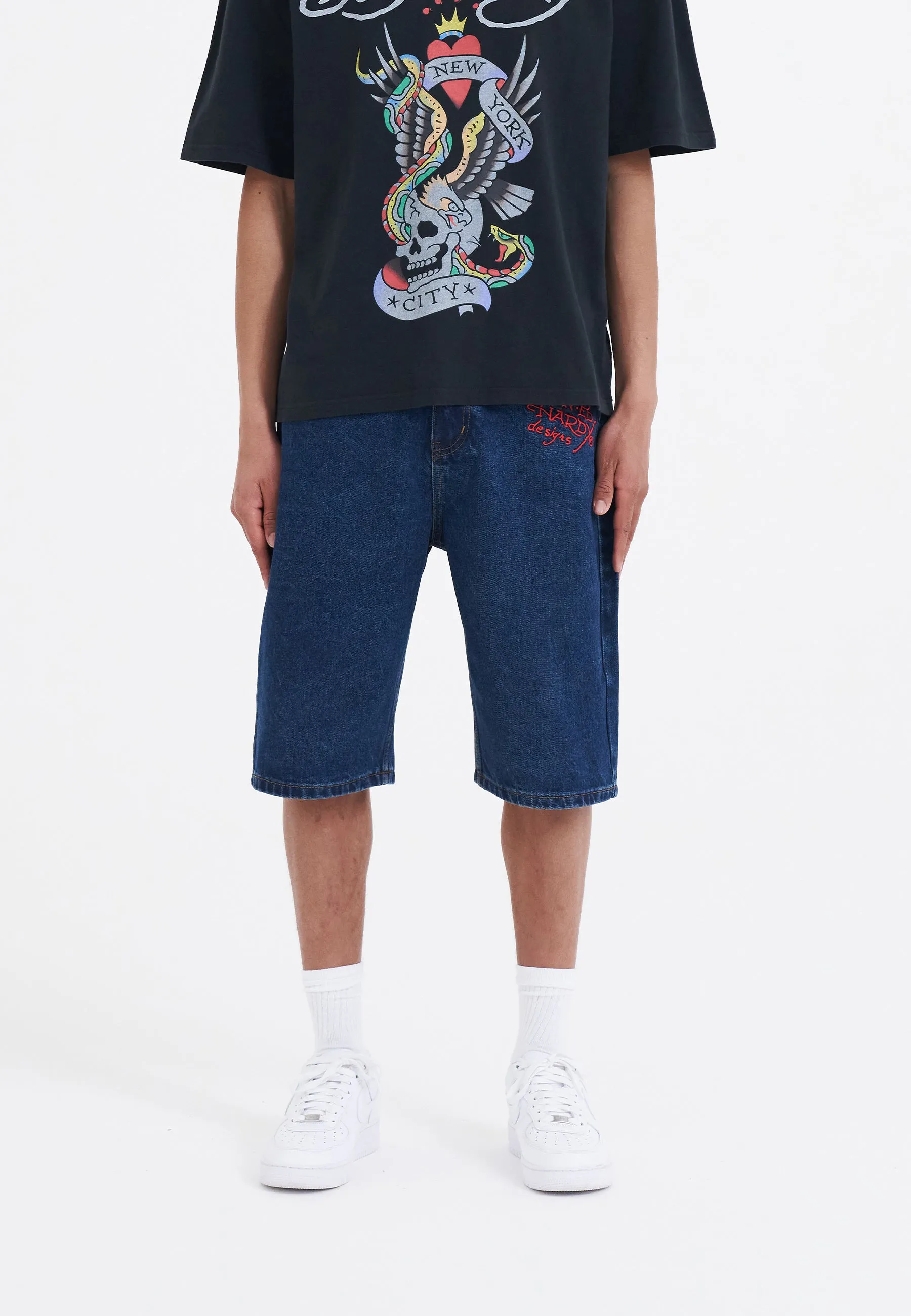 Mens Nyc Skull Denim Jorts Shorts - Indigo