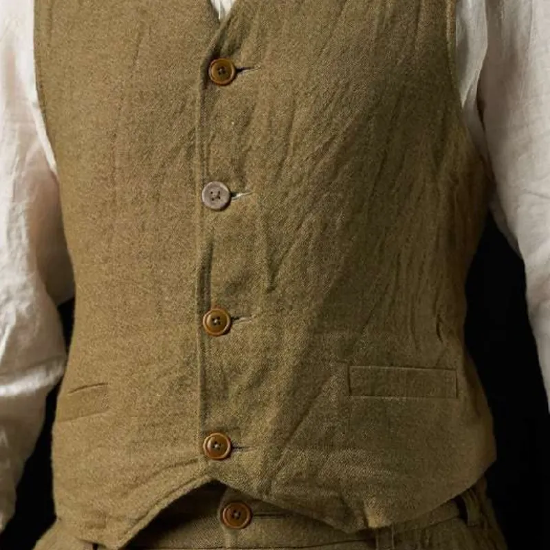 Men's Vintage Cotton and Linen V-Neck Single-Breasted Patch Pocket Vest 01518485F