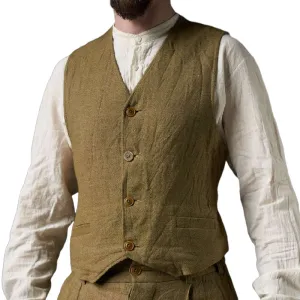 Men's Vintage Cotton and Linen V-Neck Single-Breasted Patch Pocket Vest 01518485F