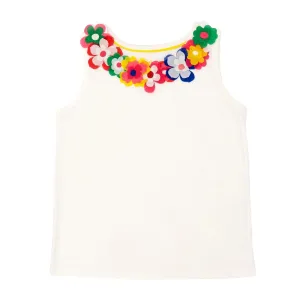 Mini Boden Girls White 3D Floral Cotton Vest Sleeveless Summer Tops