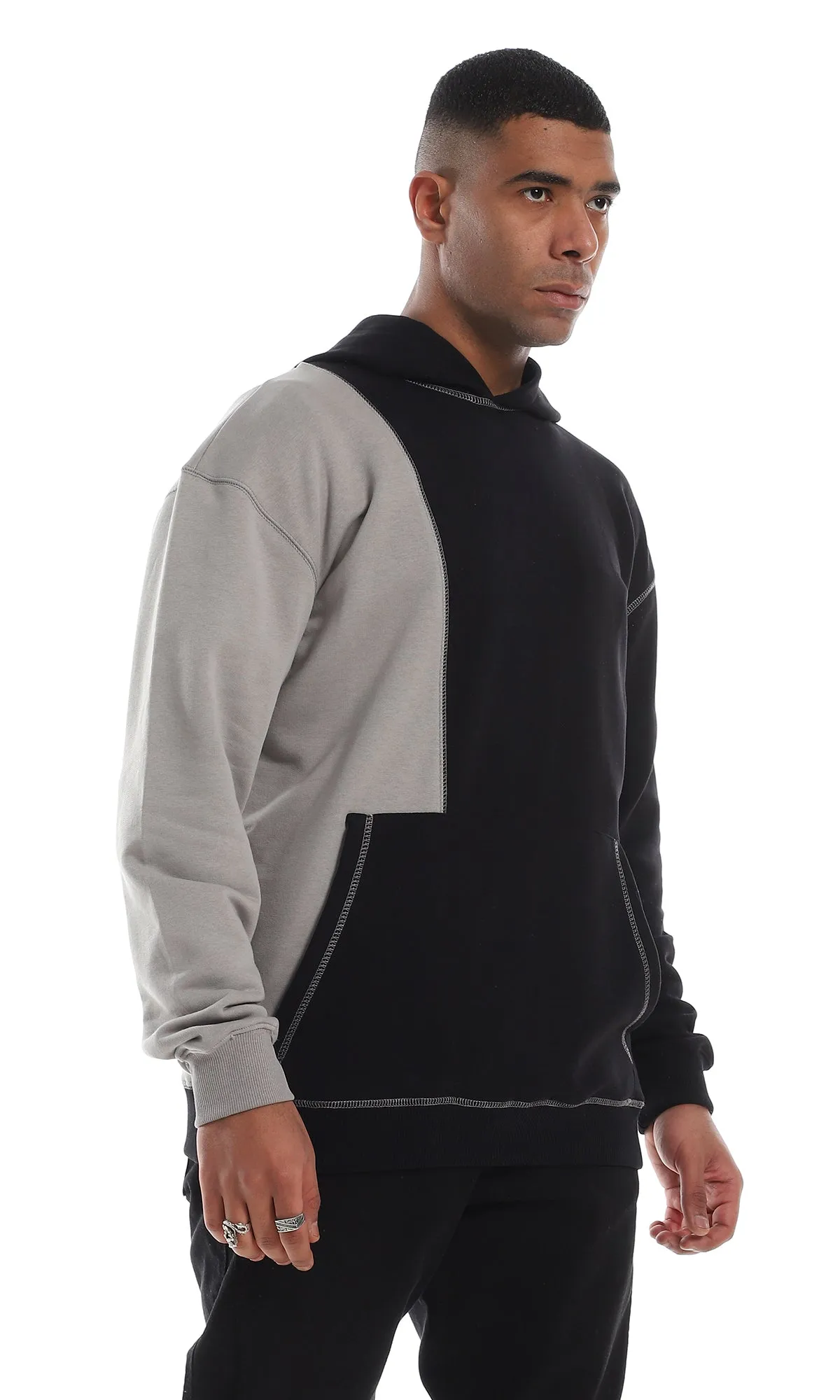 O150827 Bi-Tone Kangaroo Pocket Comfy Black & Grey Hoodie