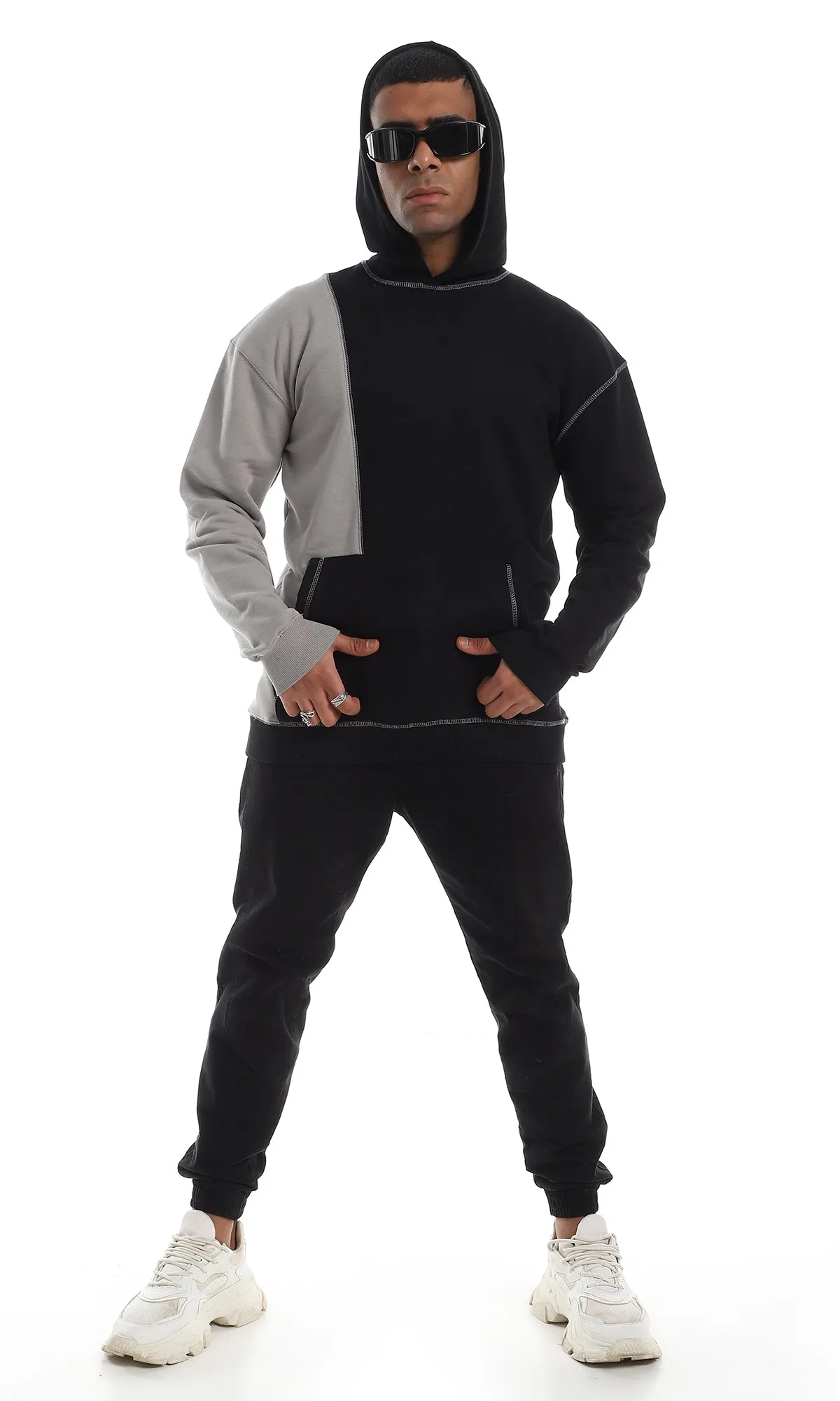 O150827 Bi-Tone Kangaroo Pocket Comfy Black & Grey Hoodie