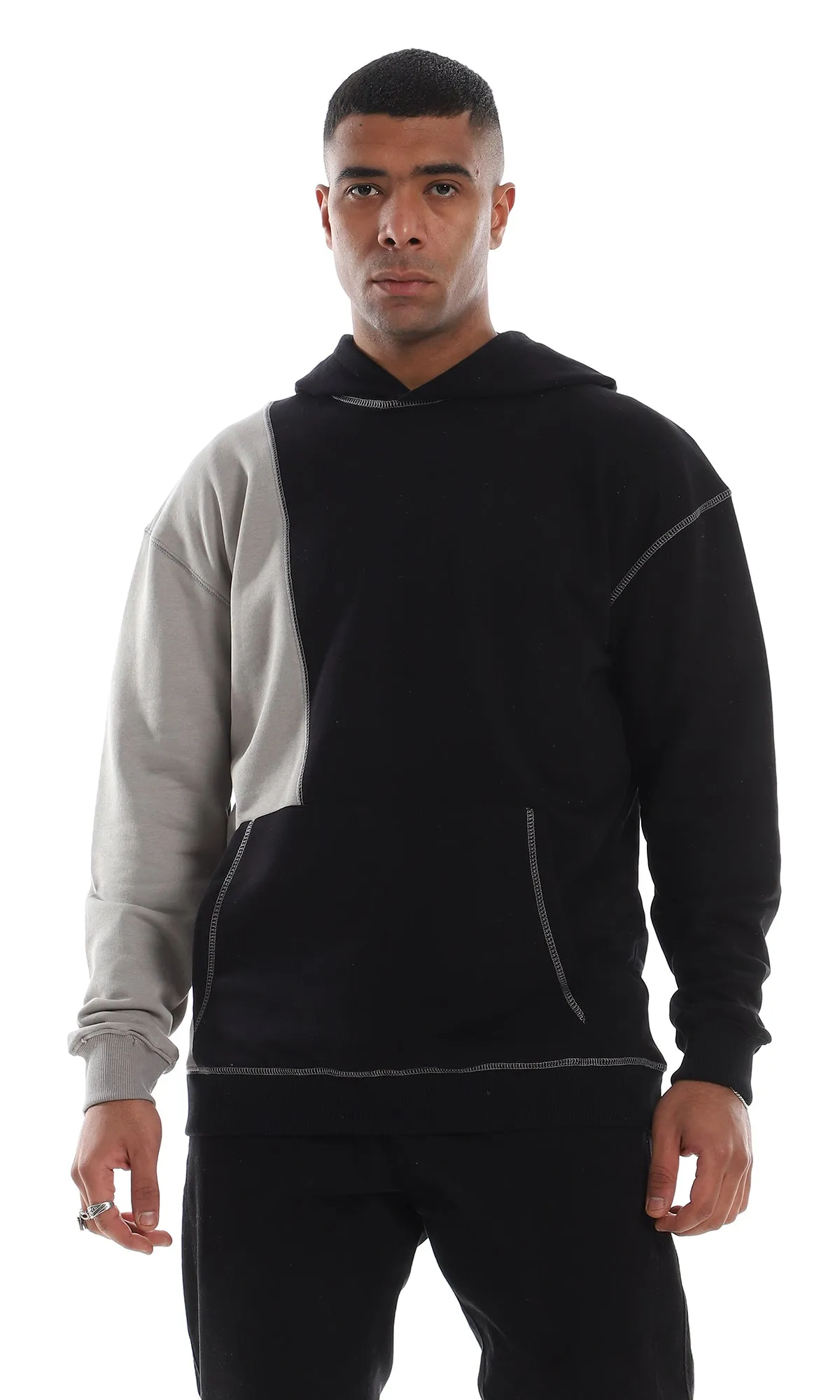 O150827 Bi-Tone Kangaroo Pocket Comfy Black & Grey Hoodie
