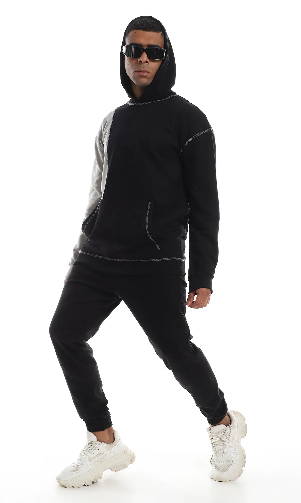 O150827 Bi-Tone Kangaroo Pocket Comfy Black & Grey Hoodie