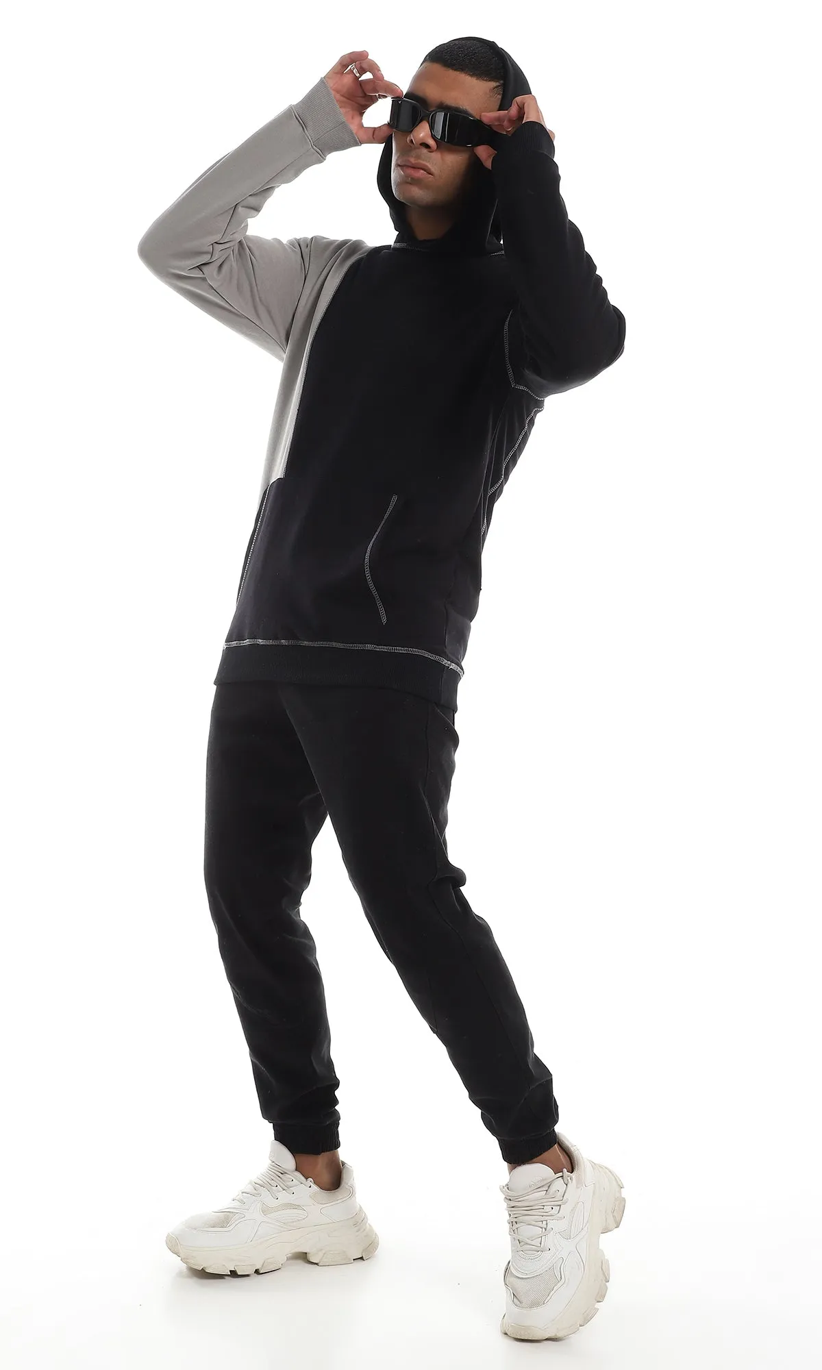 O150827 Bi-Tone Kangaroo Pocket Comfy Black & Grey Hoodie