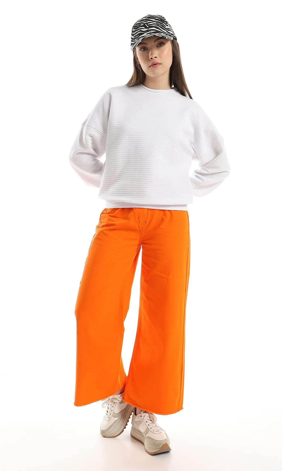O153049 Self Striped Drop Shoulder Sweatshirt - White