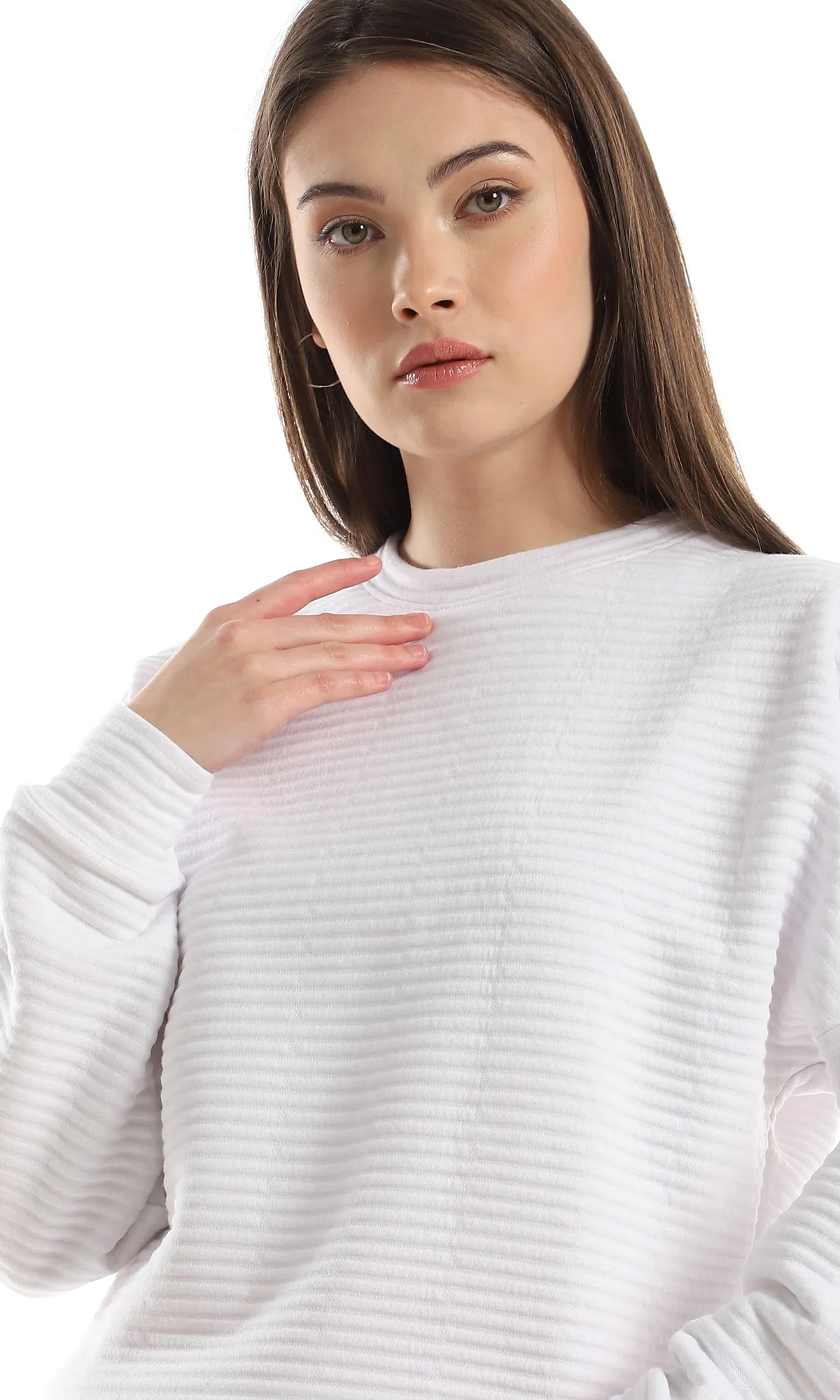 O153049 Self Striped Drop Shoulder Sweatshirt - White