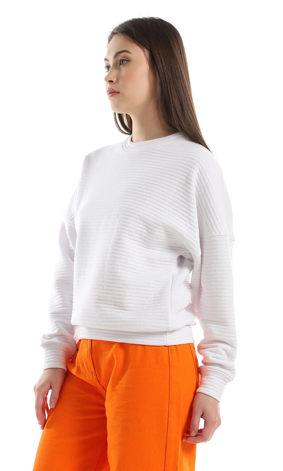 O153049 Self Striped Drop Shoulder Sweatshirt - White
