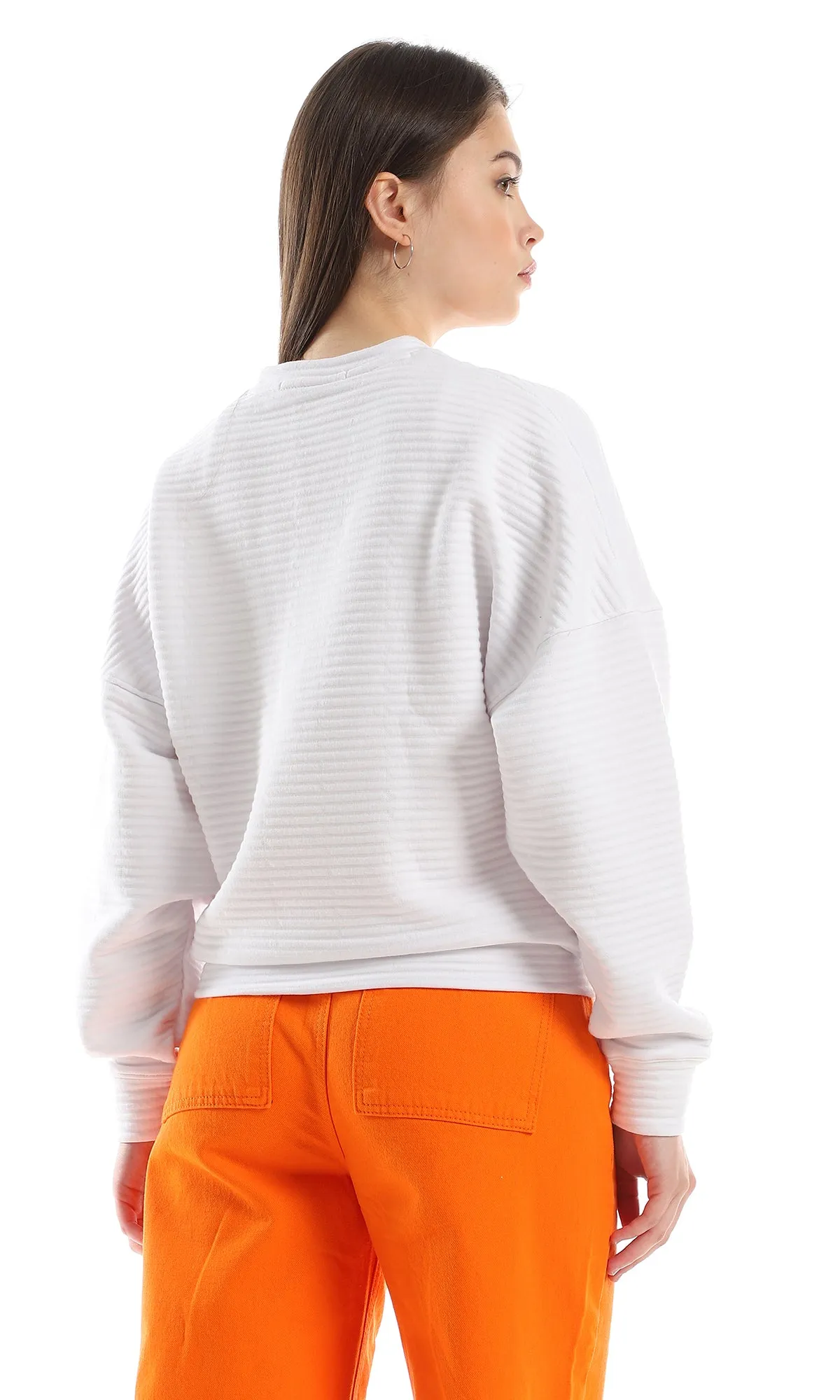 O153049 Self Striped Drop Shoulder Sweatshirt - White