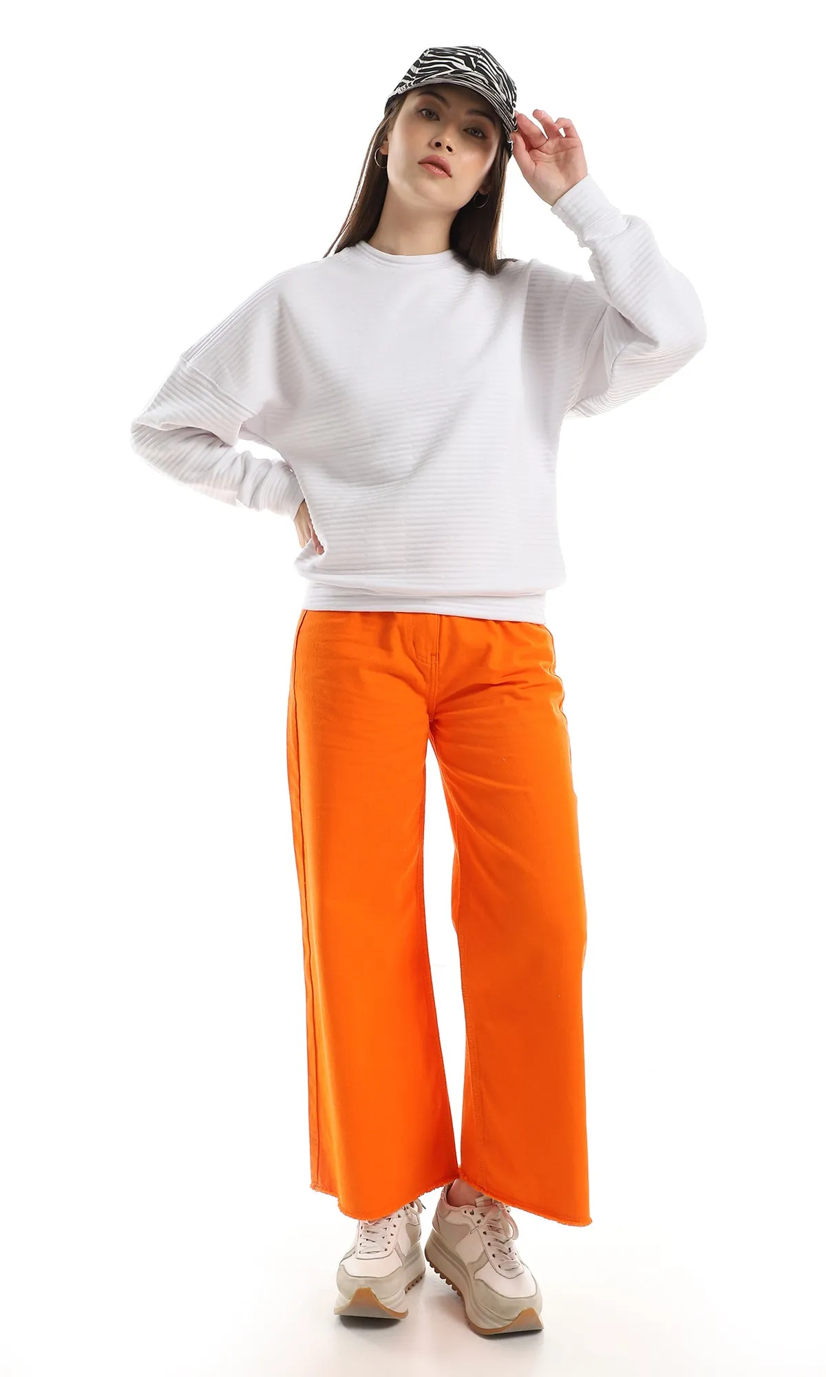 O153049 Self Striped Drop Shoulder Sweatshirt - White