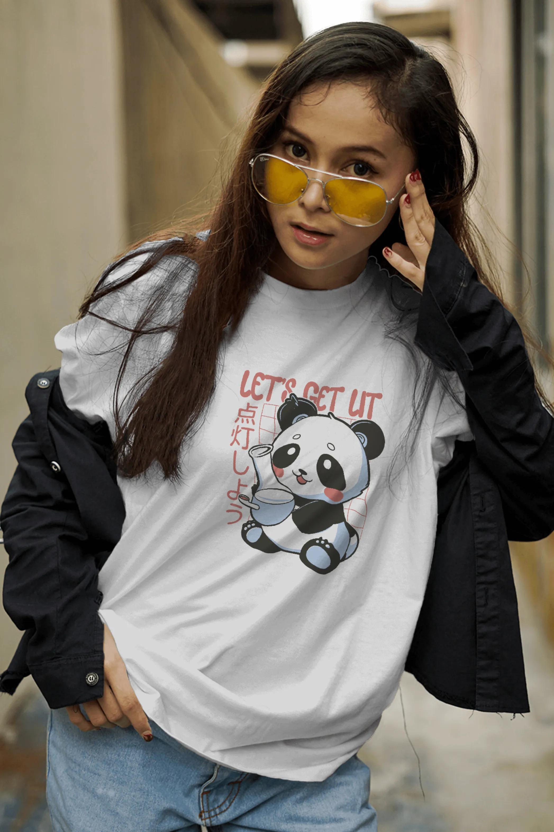 Panda With Bong Printed Oversized T-shirt for women