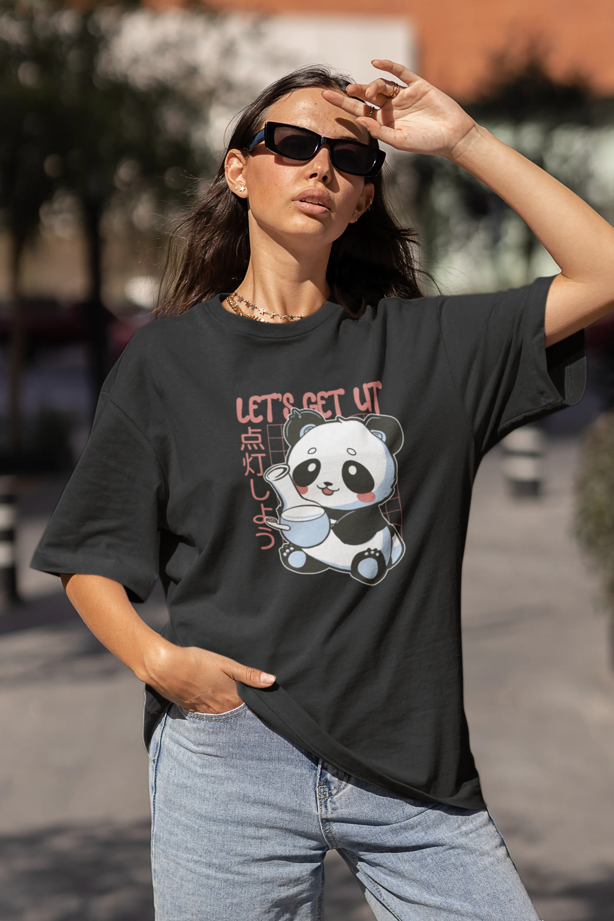 Panda With Bong Printed Oversized T-shirt for women