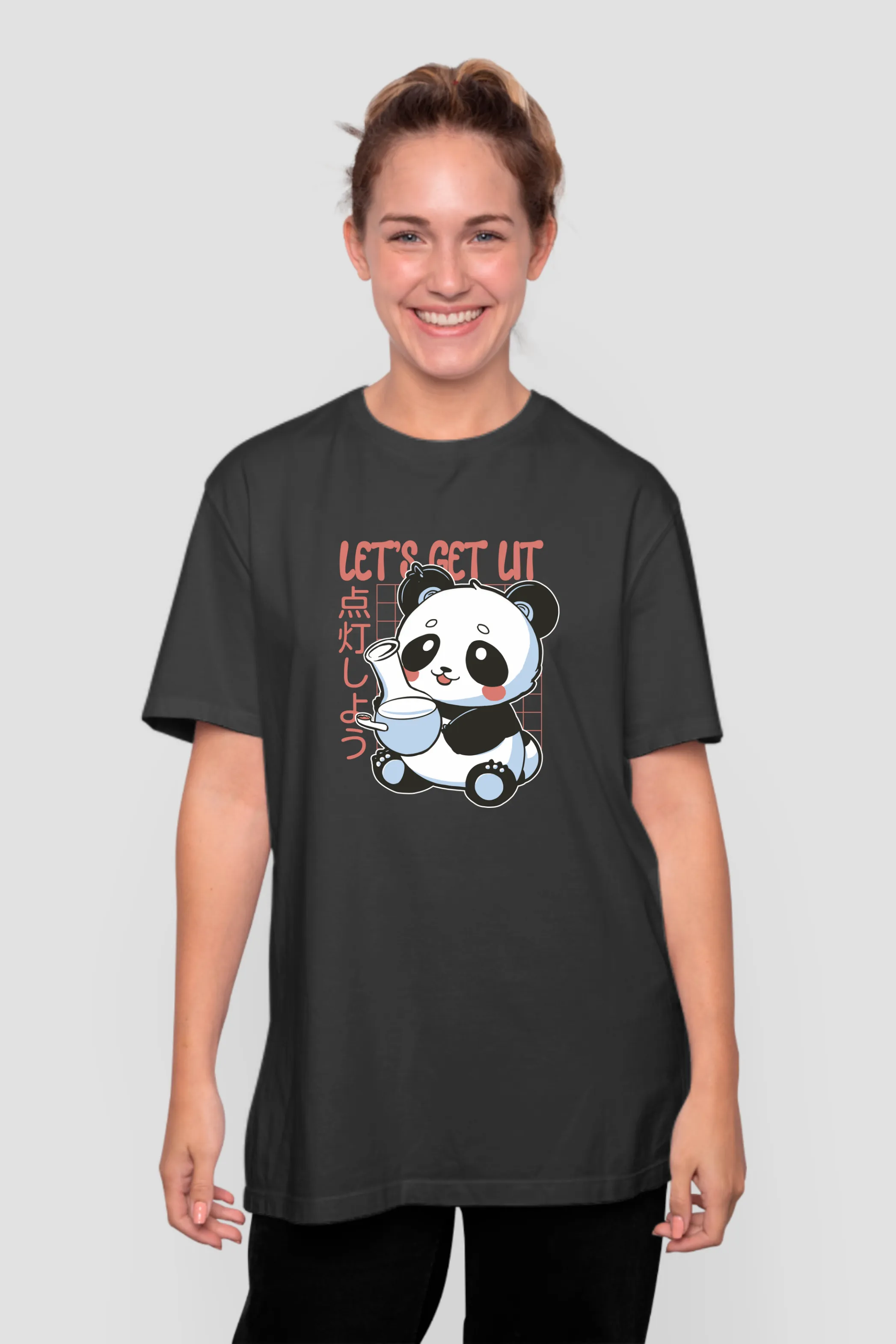 Panda With Bong Printed Oversized T-shirt for women
