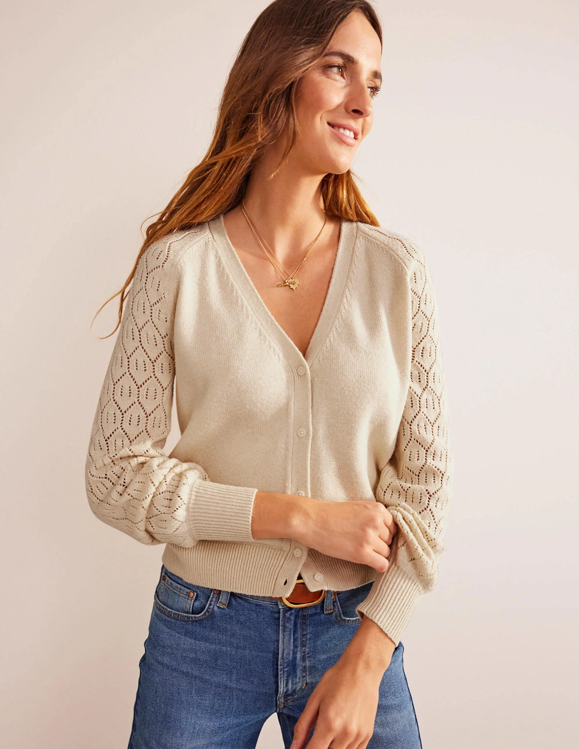 Pointelle Sleeve Cardigan-Warm Ivory
