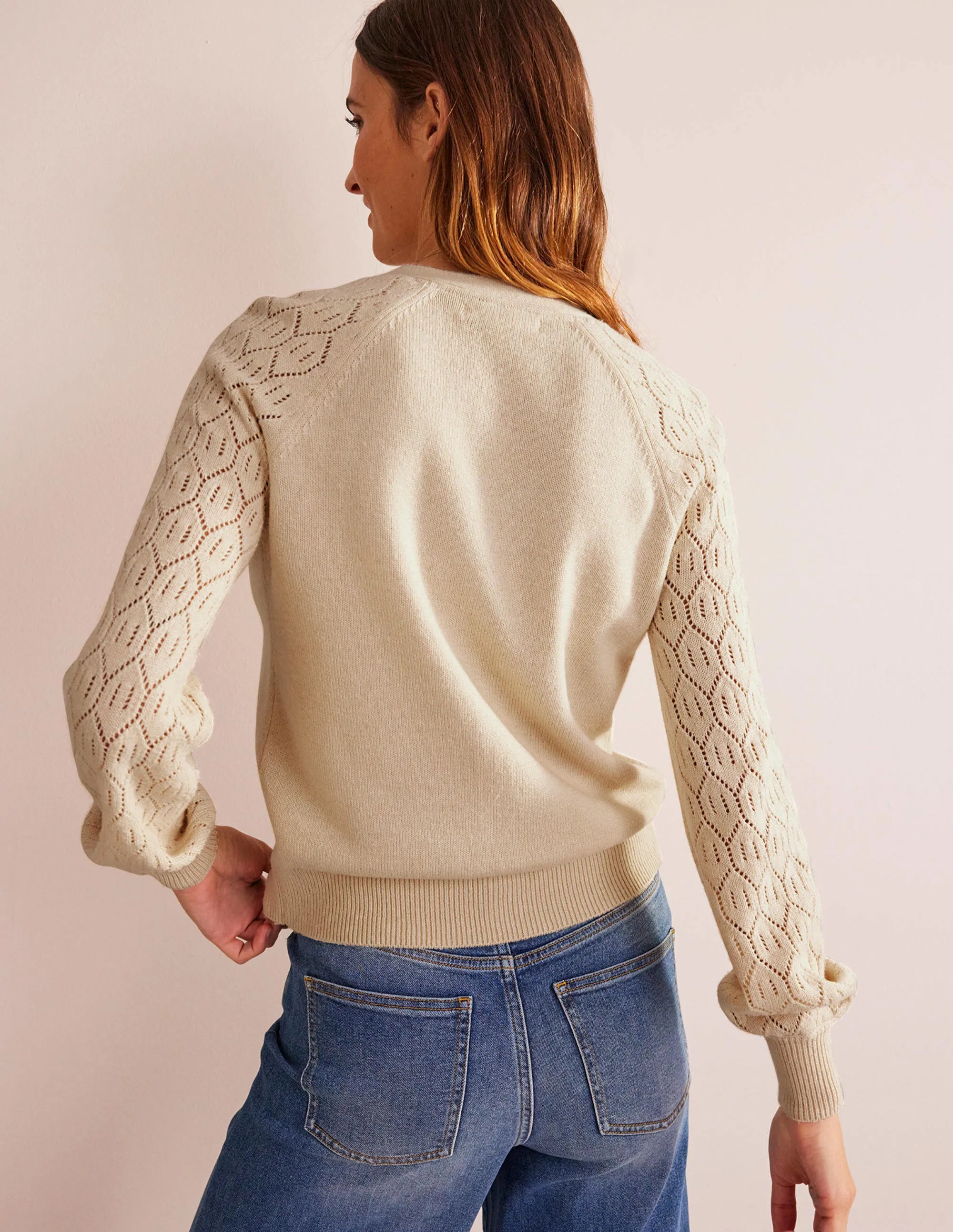 Pointelle Sleeve Cardigan-Warm Ivory