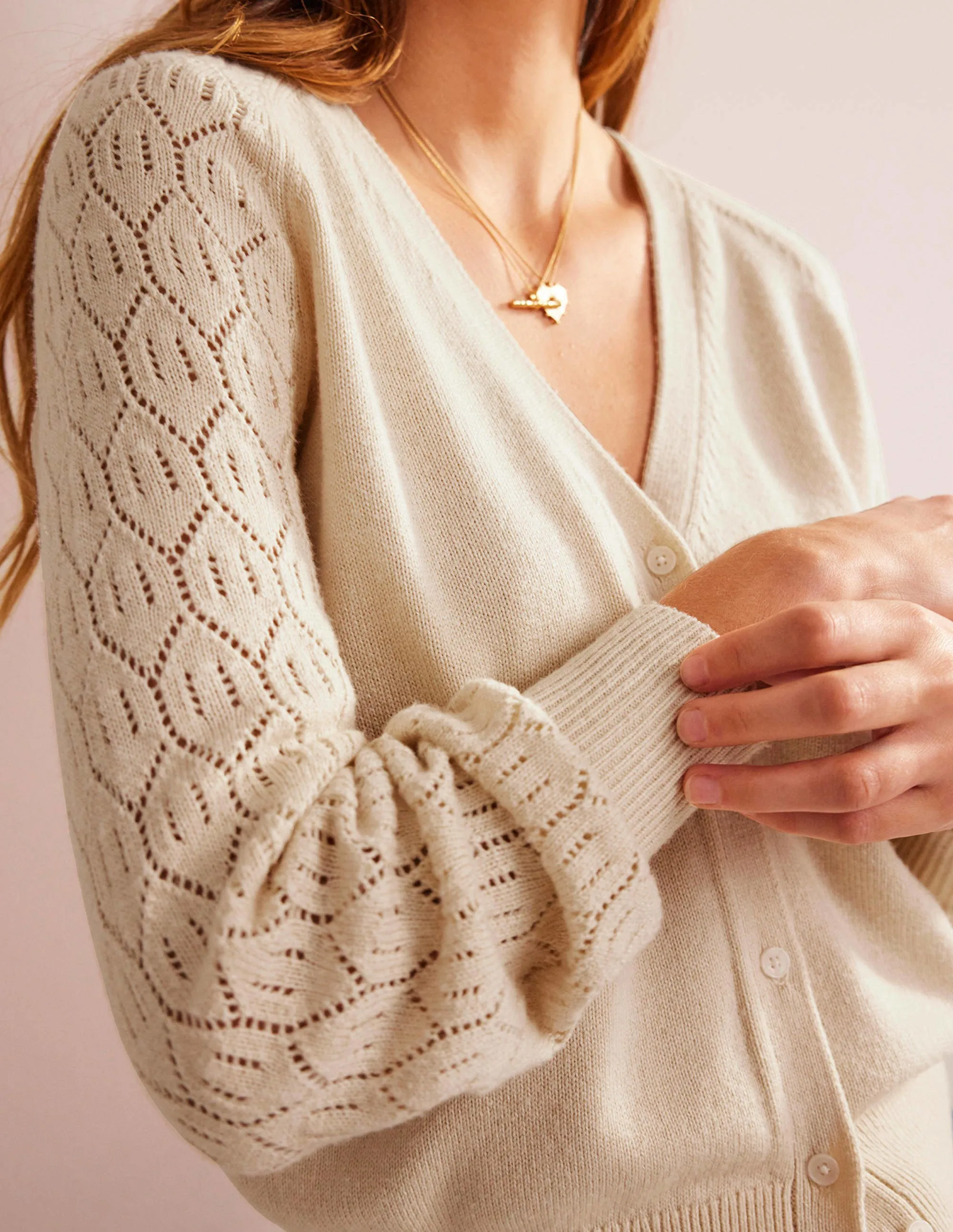 Pointelle Sleeve Cardigan-Warm Ivory