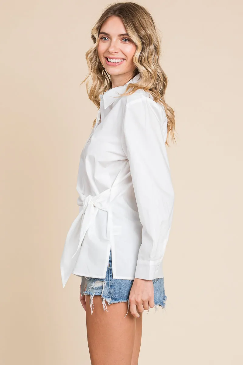 Poplin Wrap Bow Tie Button Up Collared Shirts Tops