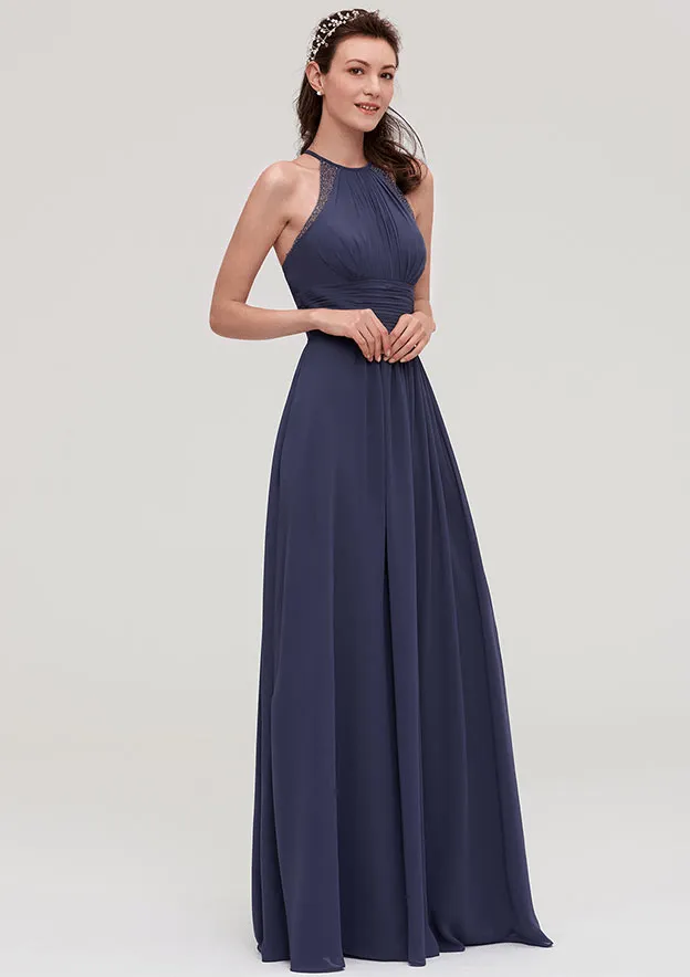 Prettyunik Stunning A-Line Halter Neck Backless Maxi Bridesmaid Dress
